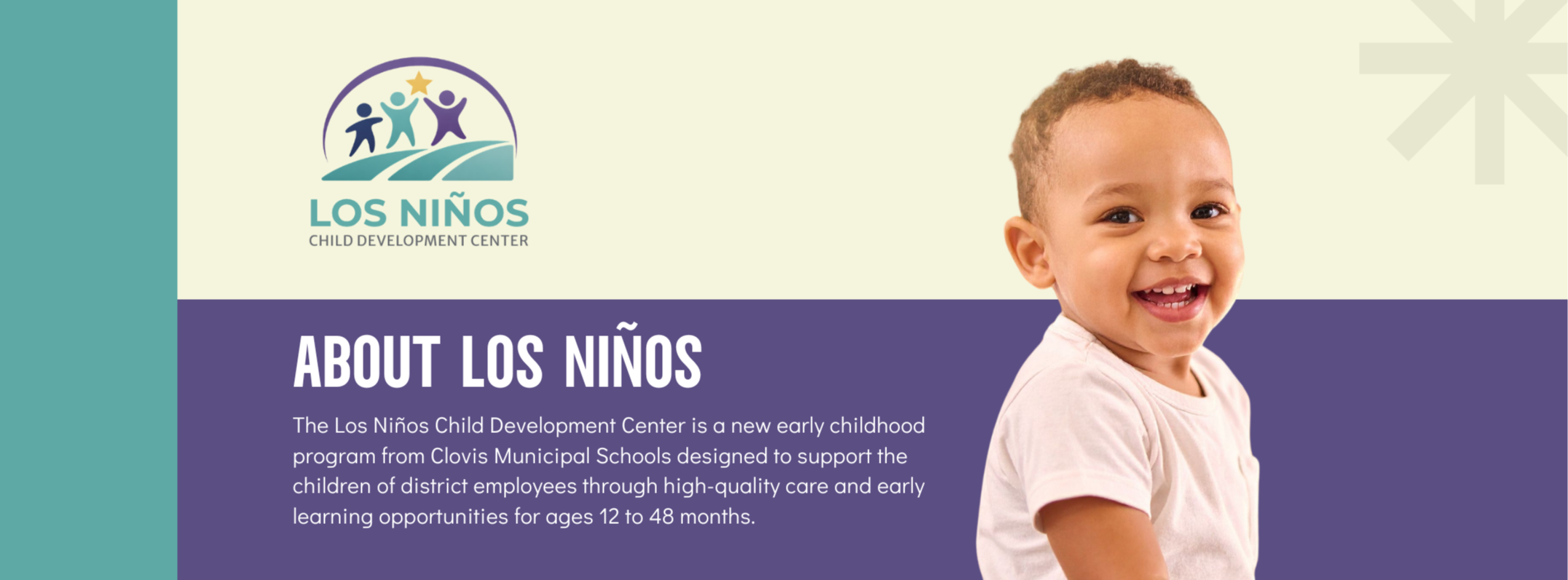 A smiling child stands on a purple background with the "Los Niños" logo and "About Los Niños" text.