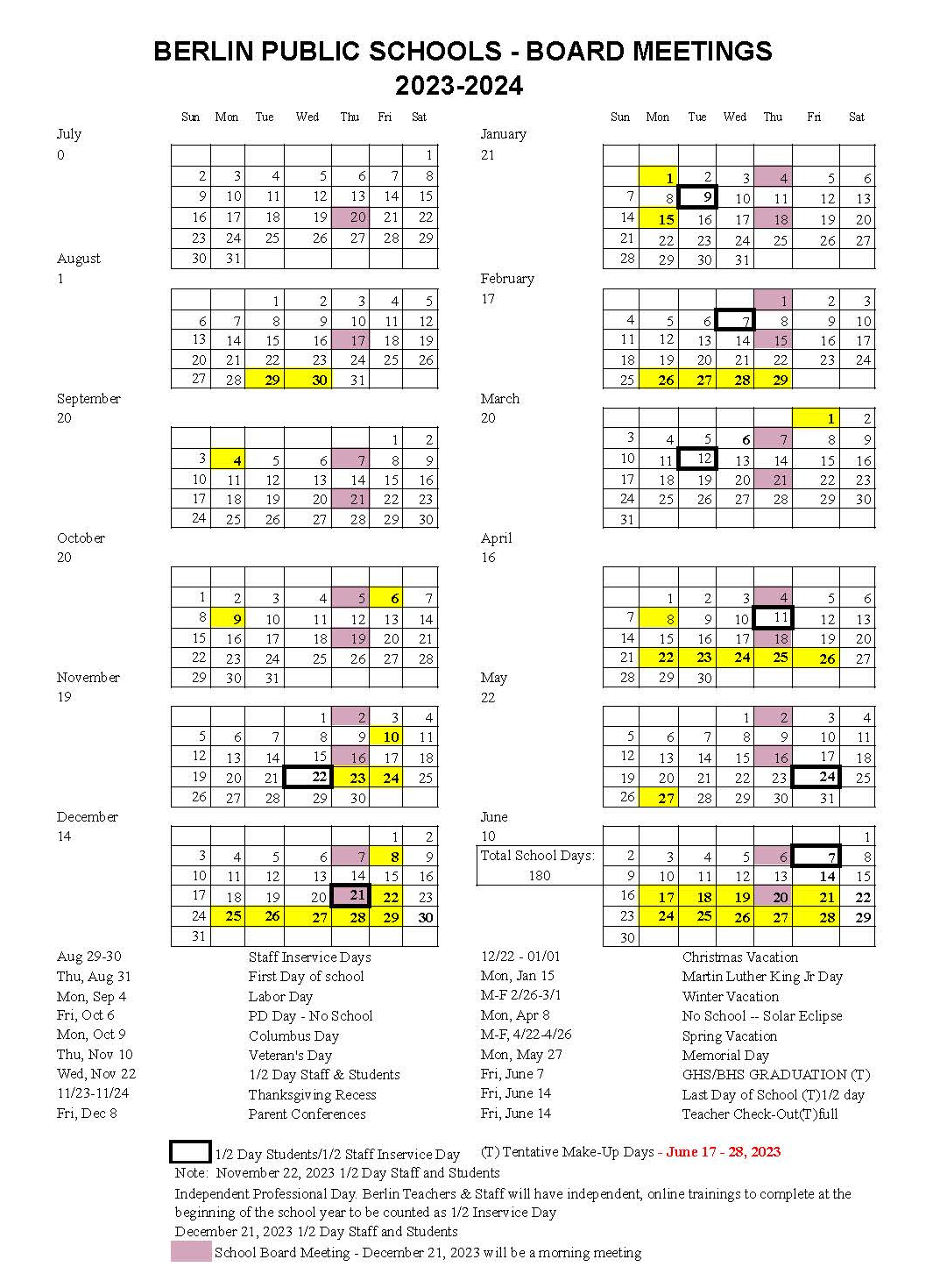 Calendar Berlin Public Schools