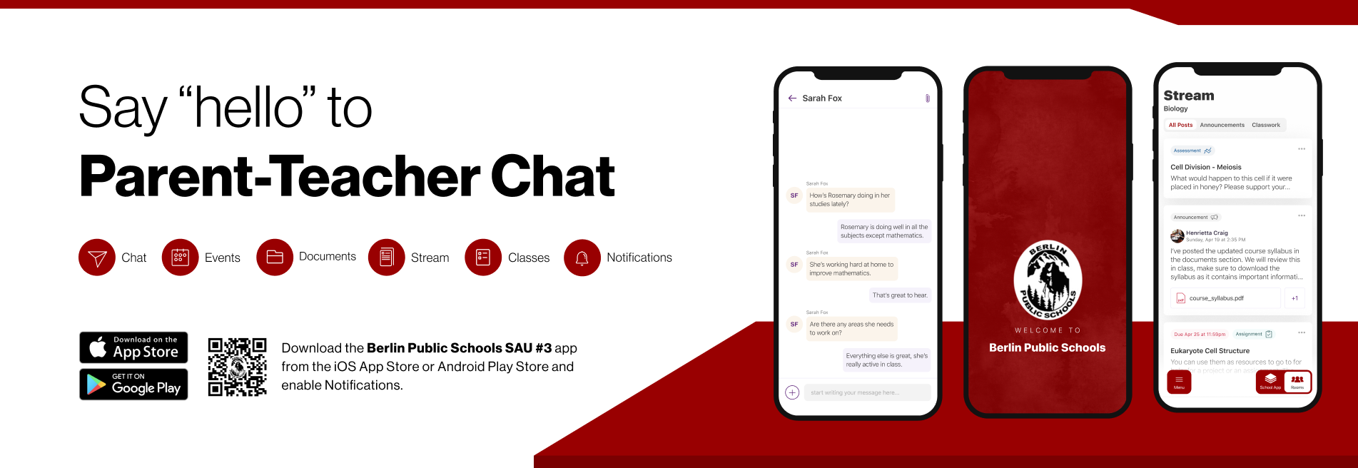 Say hello to Parent-Teacher chat in the new Rooms app. Download the Berlin Public Schools app in the Google Play or Apple App store.