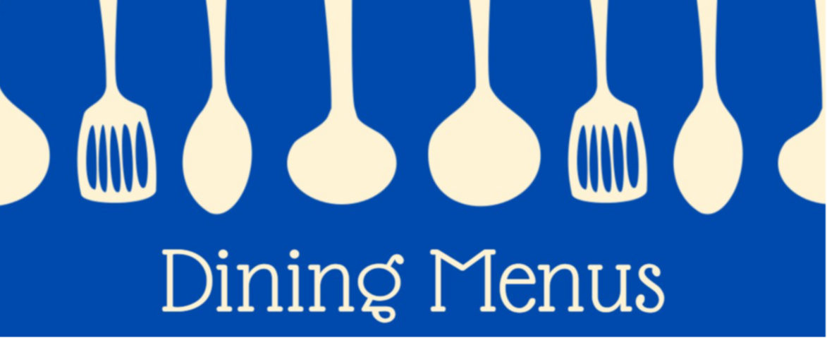 text stating Dining Menus on a blue background with kitchen utensils laying around