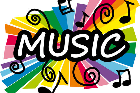 Music with bright colors and musical notes around it 