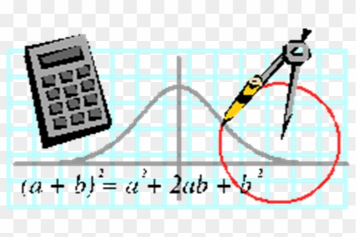 A calculator and drawing compass with math equations around it