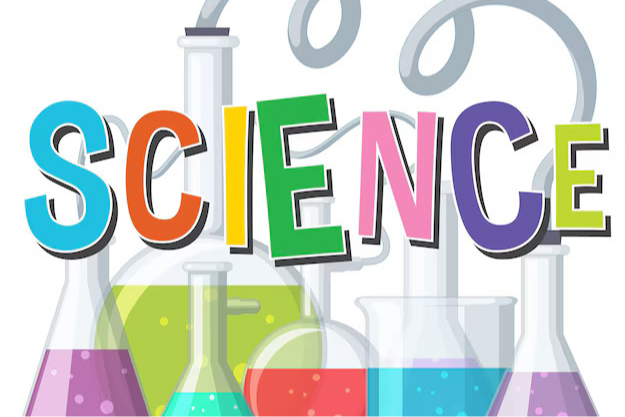 Science with beakers and test tubes with brightly colored liquid in them 