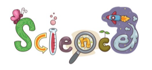 Text stating science in difference colors and shapes with a butterfly, magnifying glass and rocket