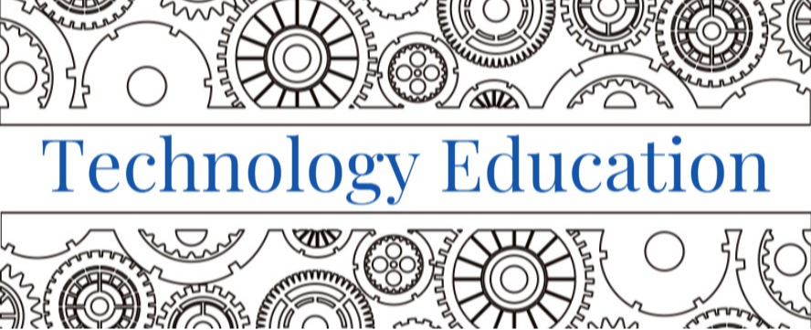 text stating technology education with pictures of various gears in the background