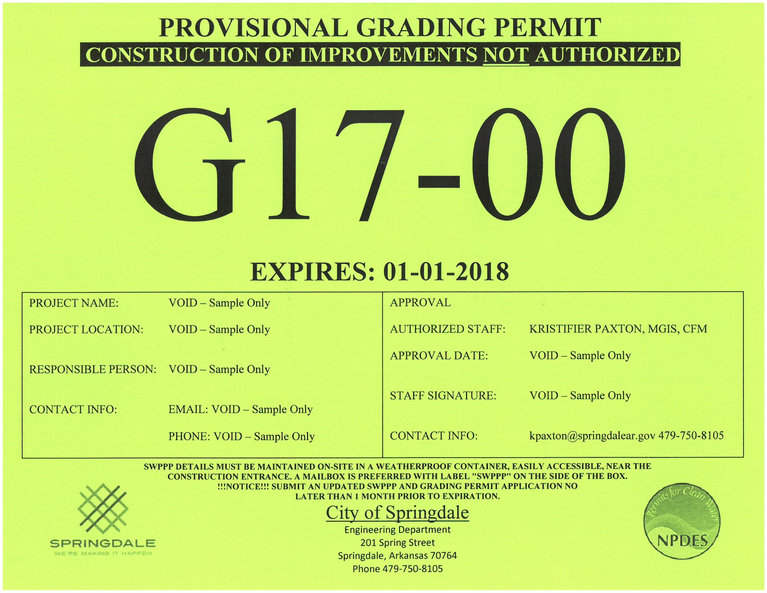 Provisional Grading Permit Sample