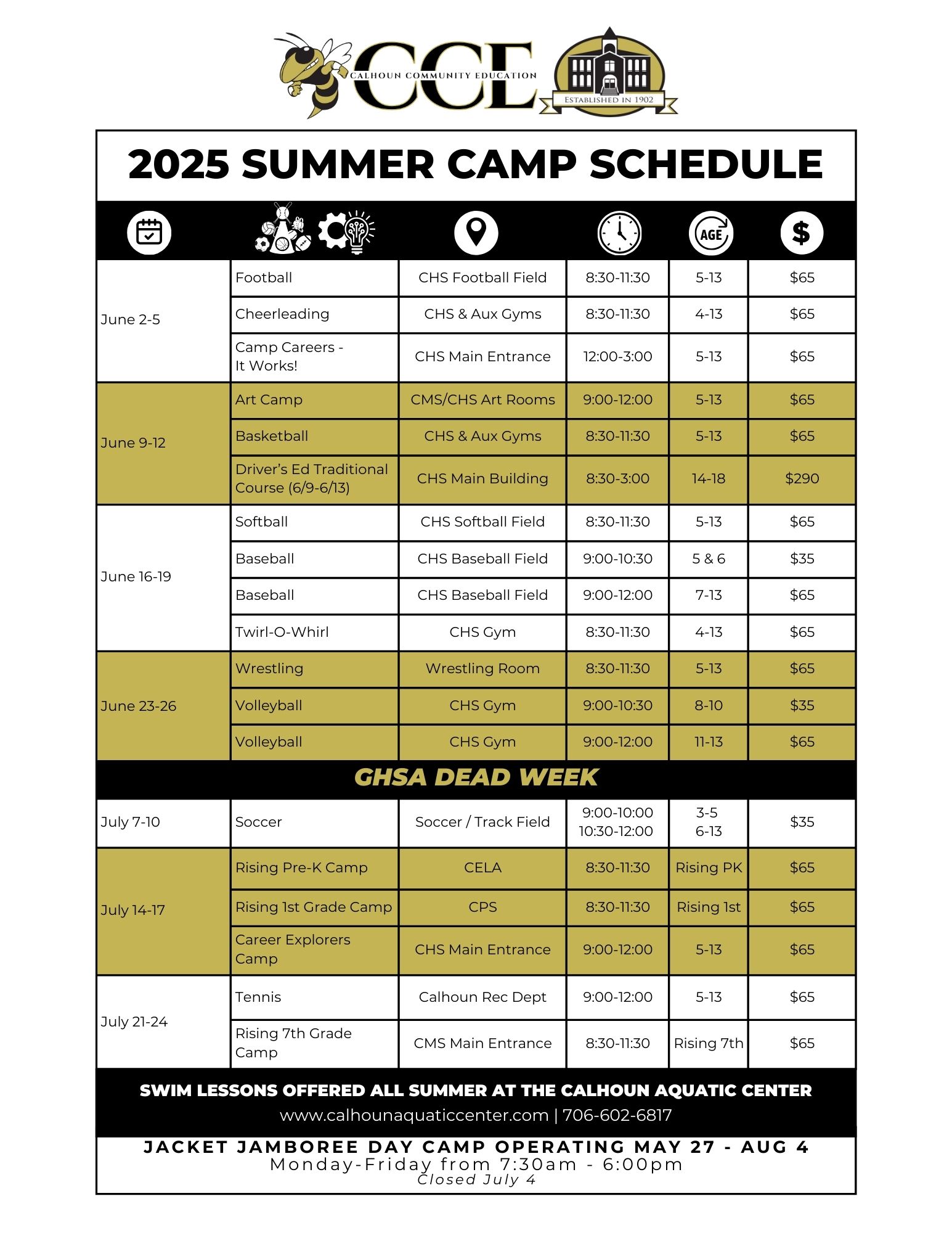 2025 Camp Schedule