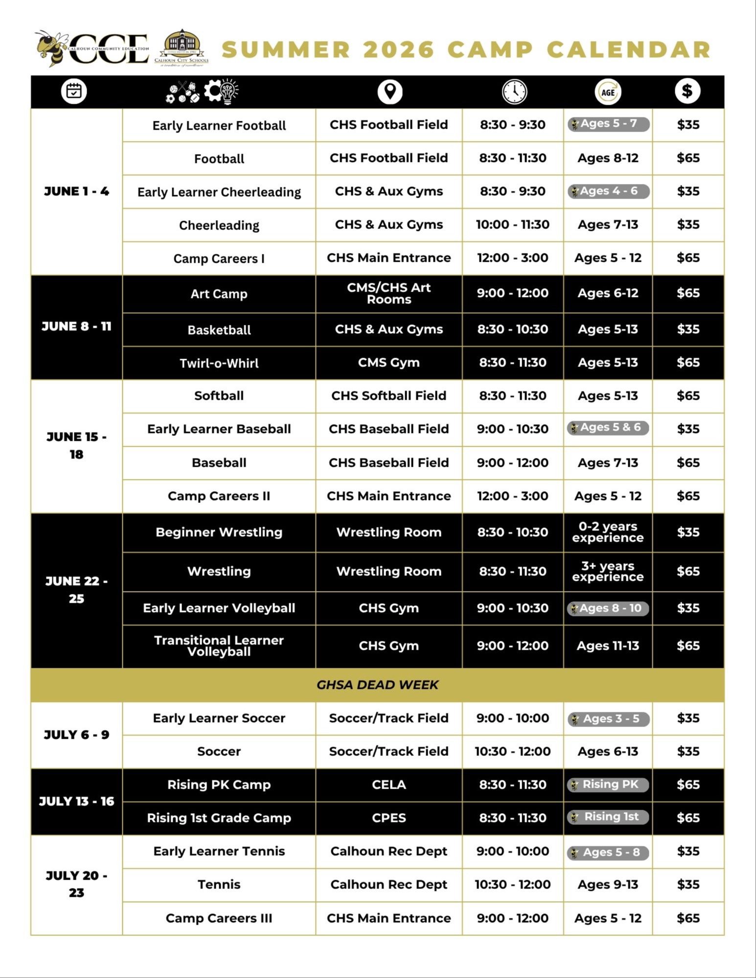Camp Calendar 2026