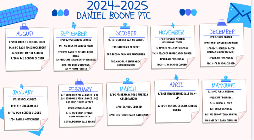 August - 8/21: IC BACK TO SCHOOL NIGHT 8/22: PC BACK TO SCHOOL NIGHT 8/26: FIRST DAY OF SCHOOL 8/30 & 9/2: SCHOOL CLOSED, September - 8/30 & 9/2: SCHOOL CLOSED 9/4: MS BACK TO SCHOOL NIGHT 9/6: PTC BACK TO SCHOOL BOOK  BINGO  6:30 PM IC CAFETERIA (SIGN-UP REQUIRED) 9/18: PTC PUBLIC MEETING 6:30 PM PRIMARY CENTER October - 10/14: IN SERVICE DAY, NO SCHOOL  TBD: SAFE TRICK OR TREAT  TBD: FRECON FARMS PIE FUNDRAISER  TBD: CHIC-FIL-A SPIRIT WEEK EXETER LOCATION  