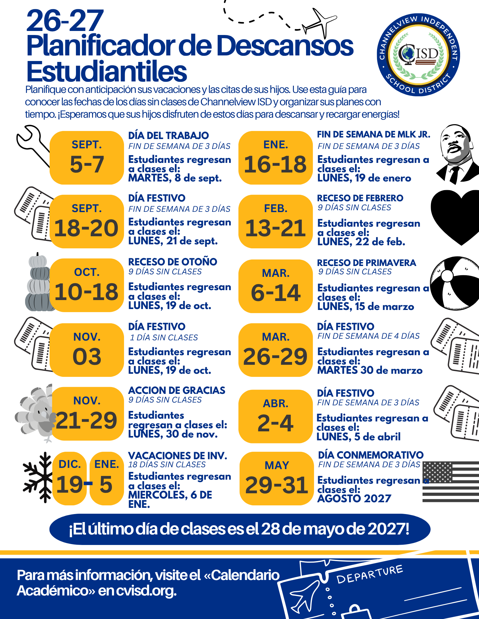 Student Break Calendar Spanish