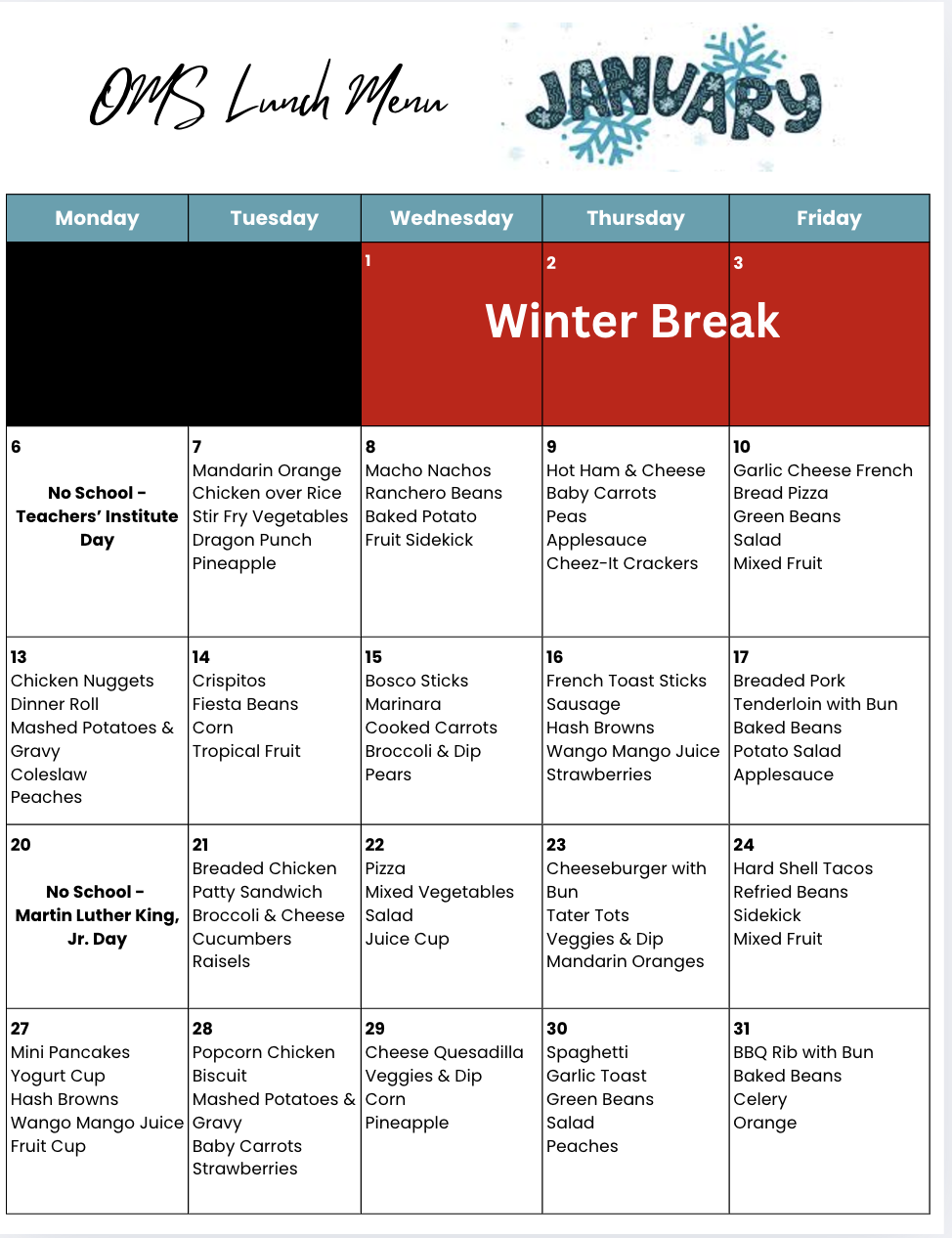 OMS Menu Jan 2025