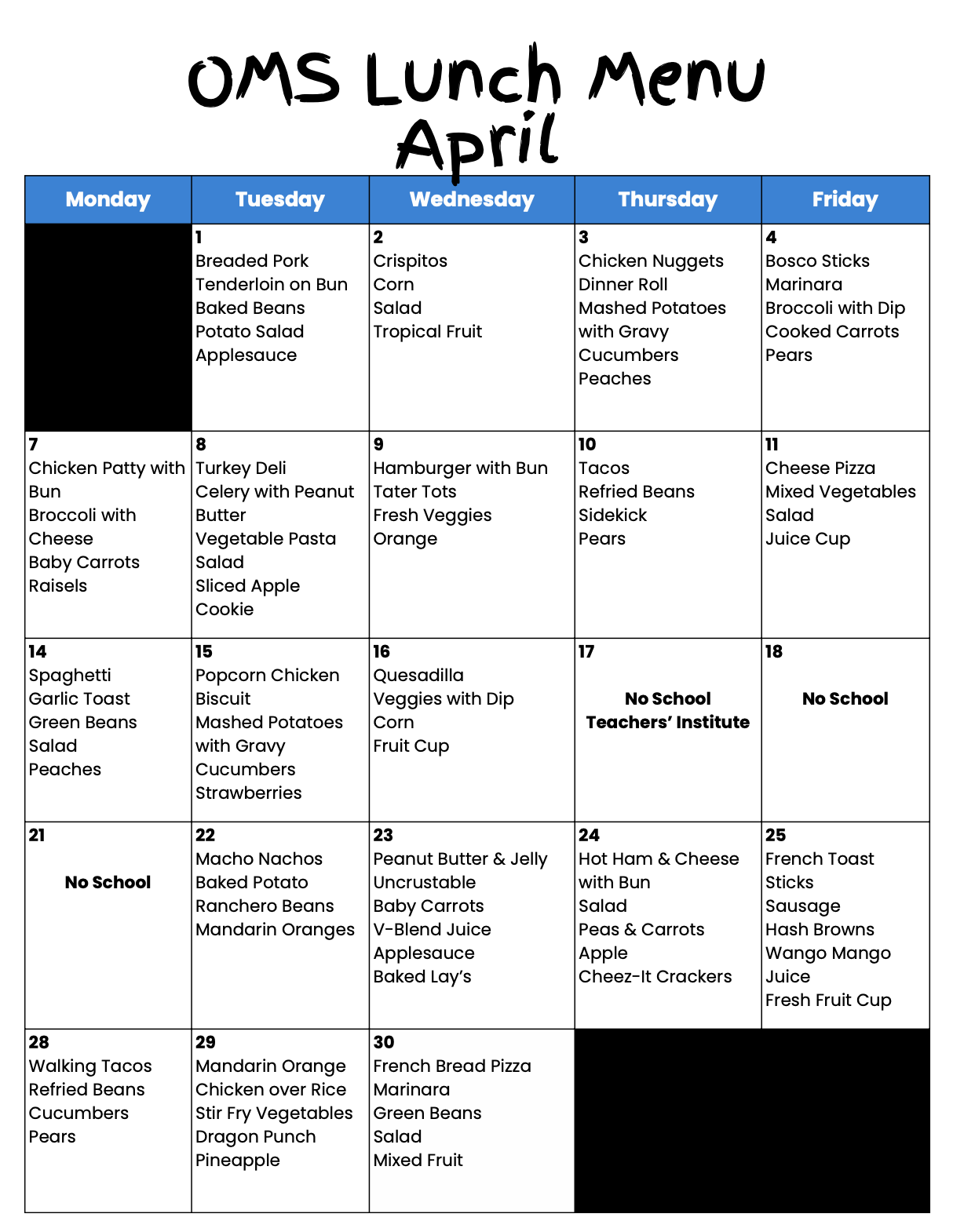 OMS Menu April