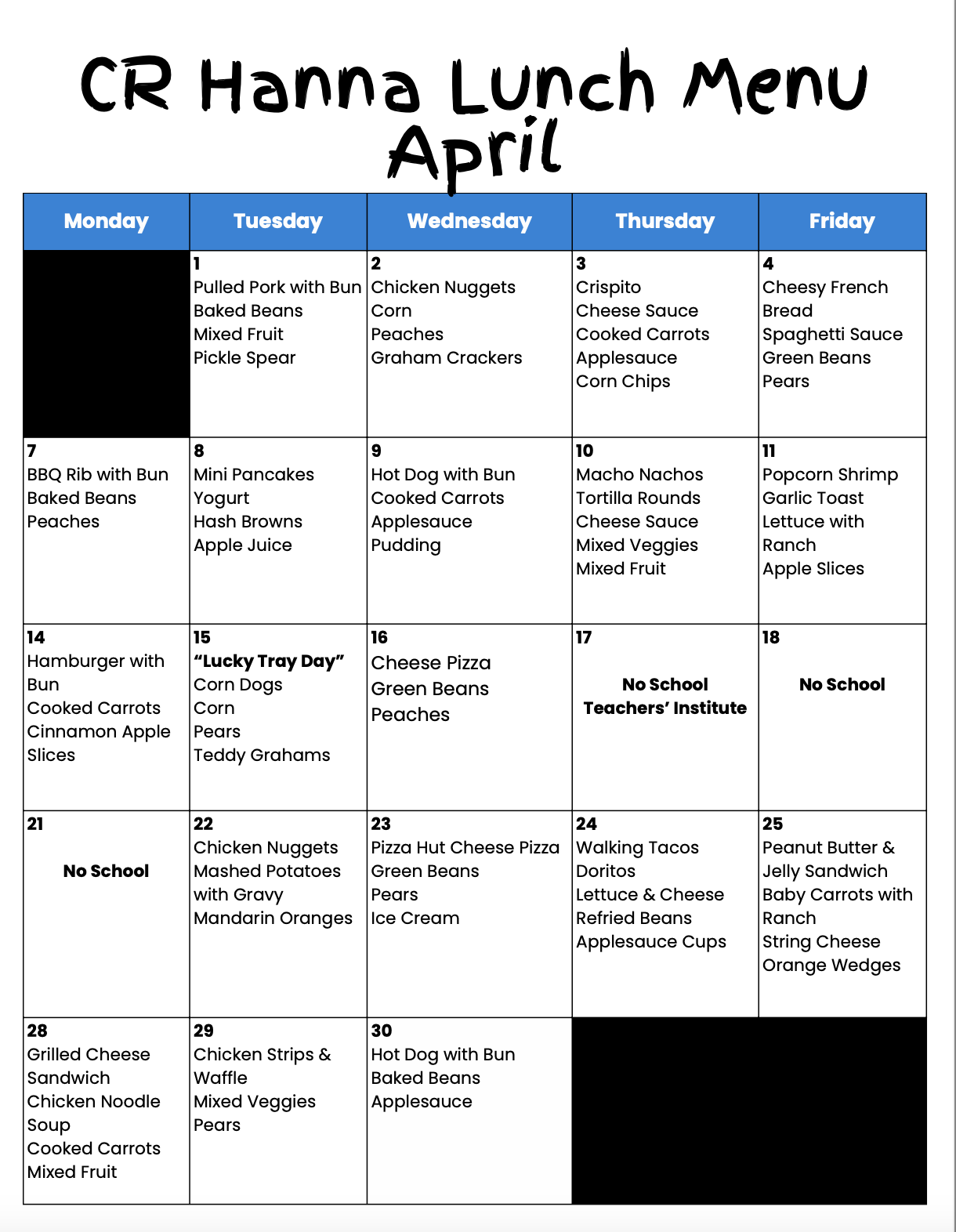 CRH Menu April