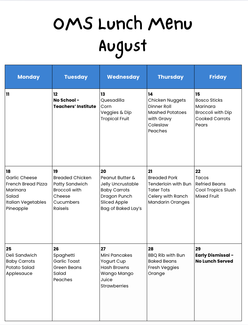 OMS AUGUST MENU