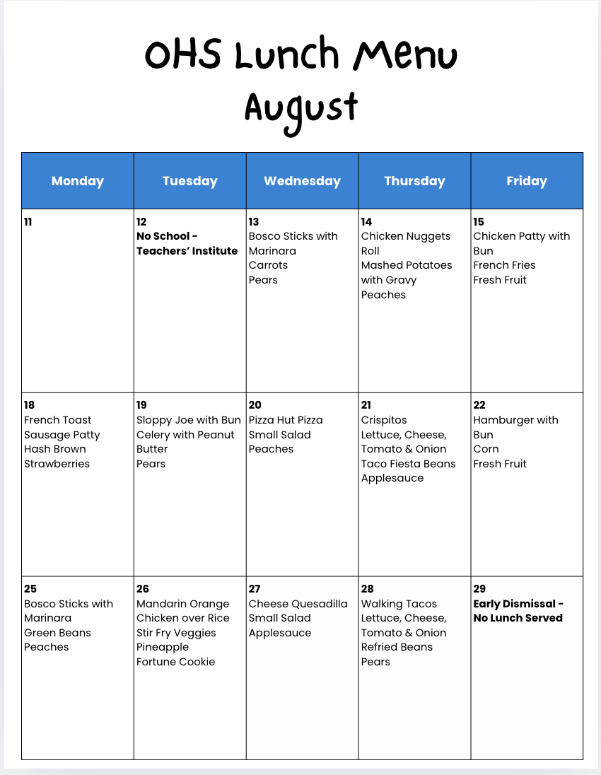 OHS AUGUST MENU