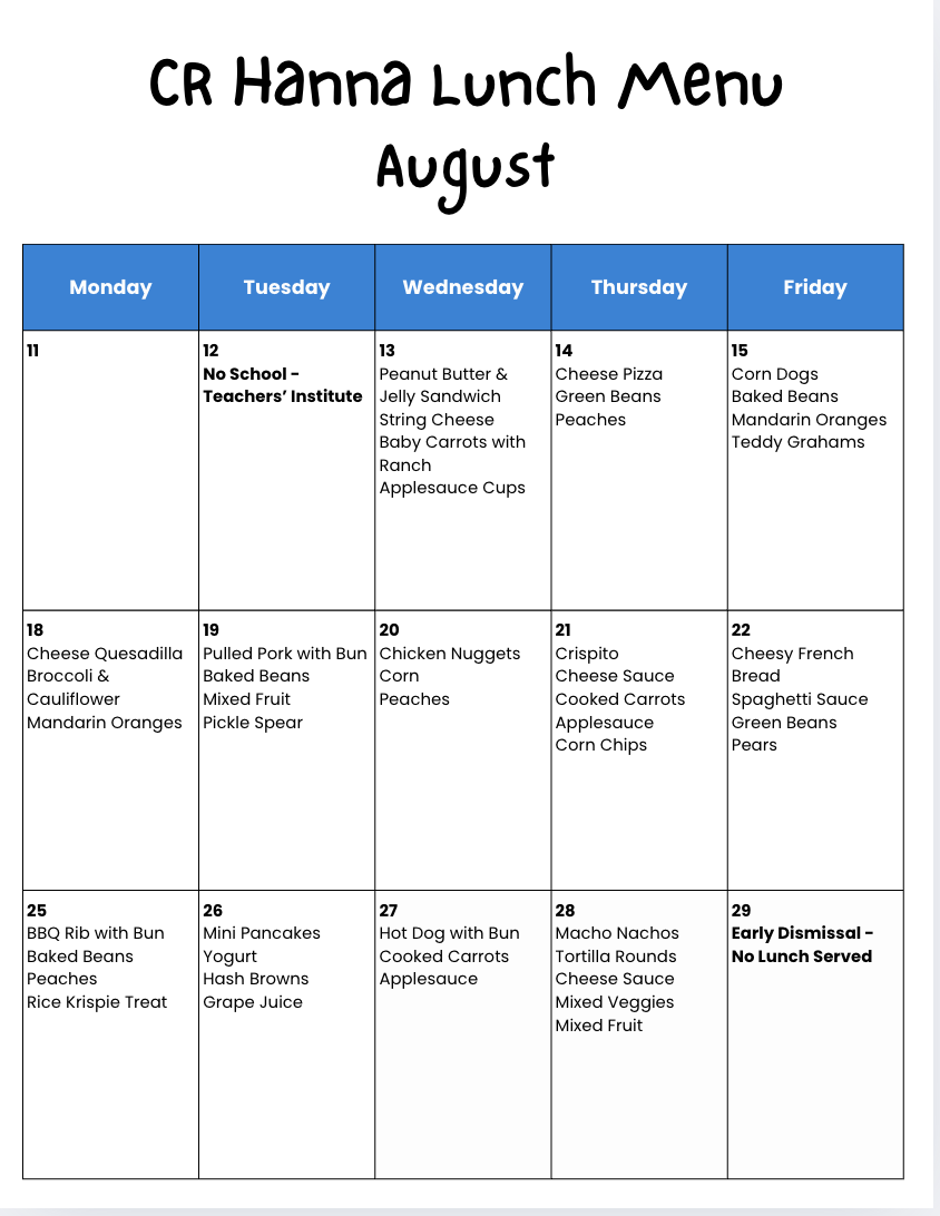 CRH AUGUST MENU