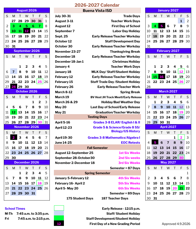 District Academic Calendar | Buena Vista ISD