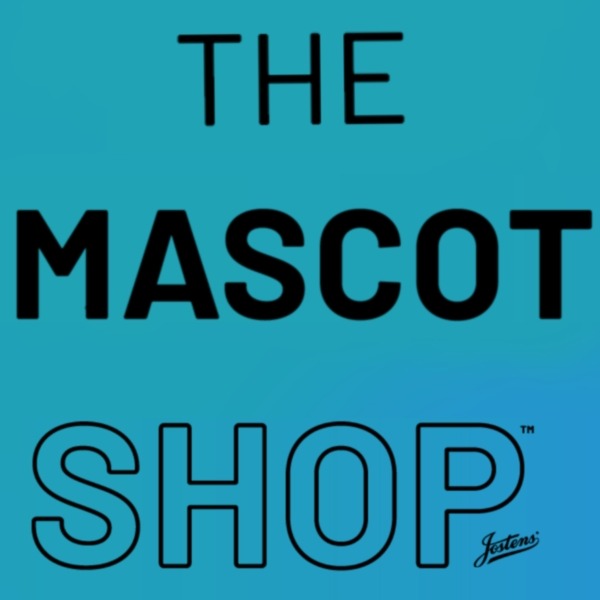 An aqua background with black text that reads: The Mascot Shop