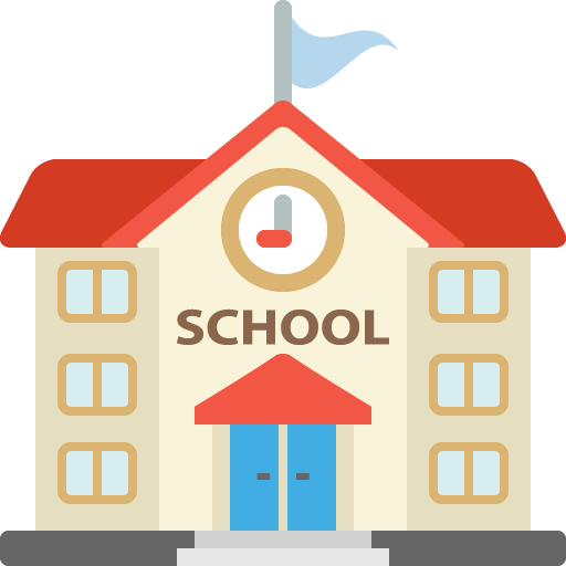 Illustration of a school building with a red roof, a blue flag, a clock, and the word "SCHOOL" underneath.