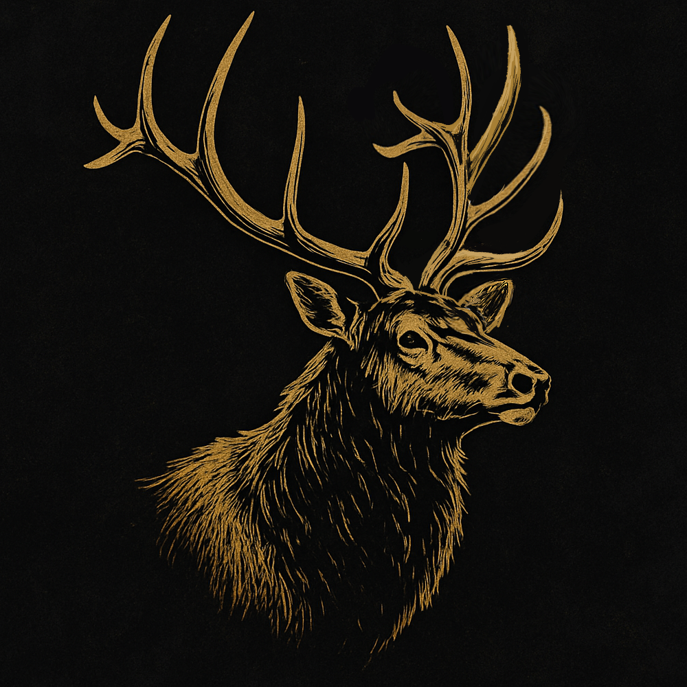 Illustration of an elk's head with large antlers on a black background. The elk's head faces left.