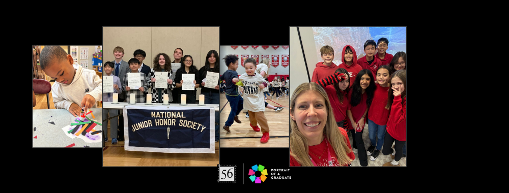 header image featuring an elementary student working on an art project, the students inducted into the National Junior Honor Society, two elementary students dancing, and middle school students smiling with their teacher