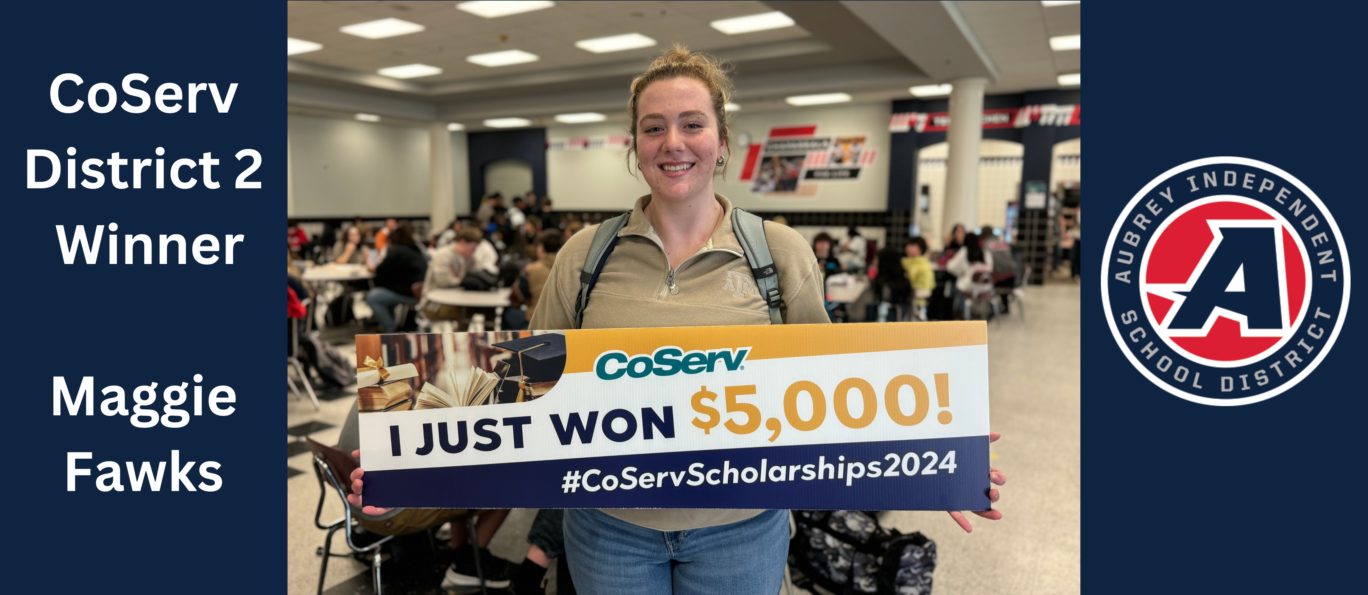 Aubrey High School senior Maggie Fawks wins $5000 CoServ scholarship - photo of her holding sign