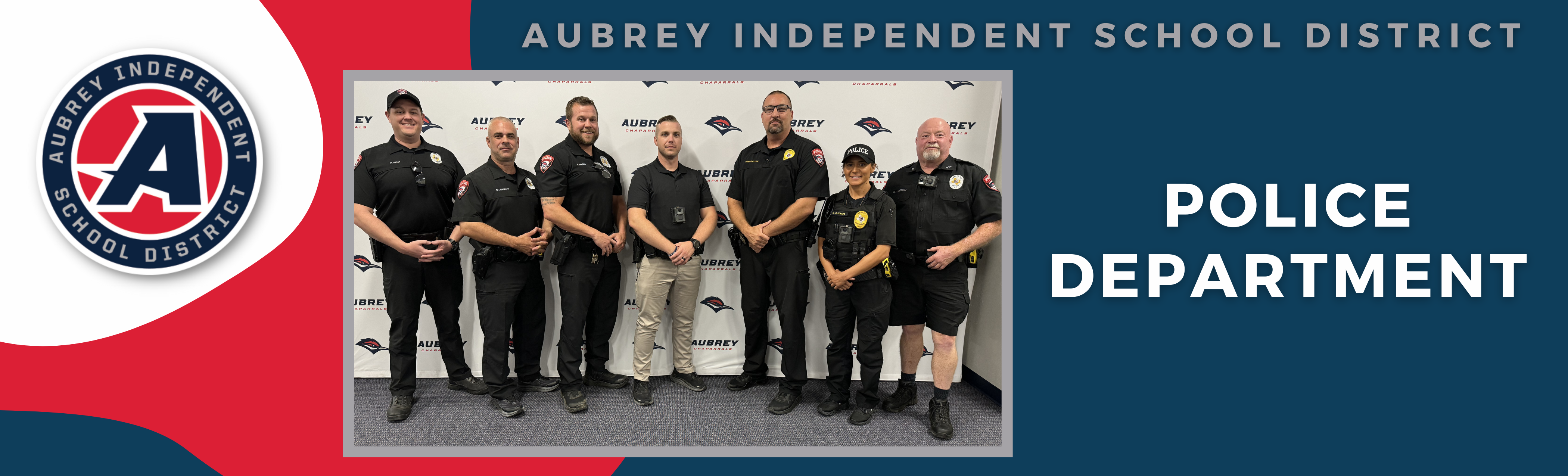 Aubrey ISD Police Department group photo on decorative background with school district logo