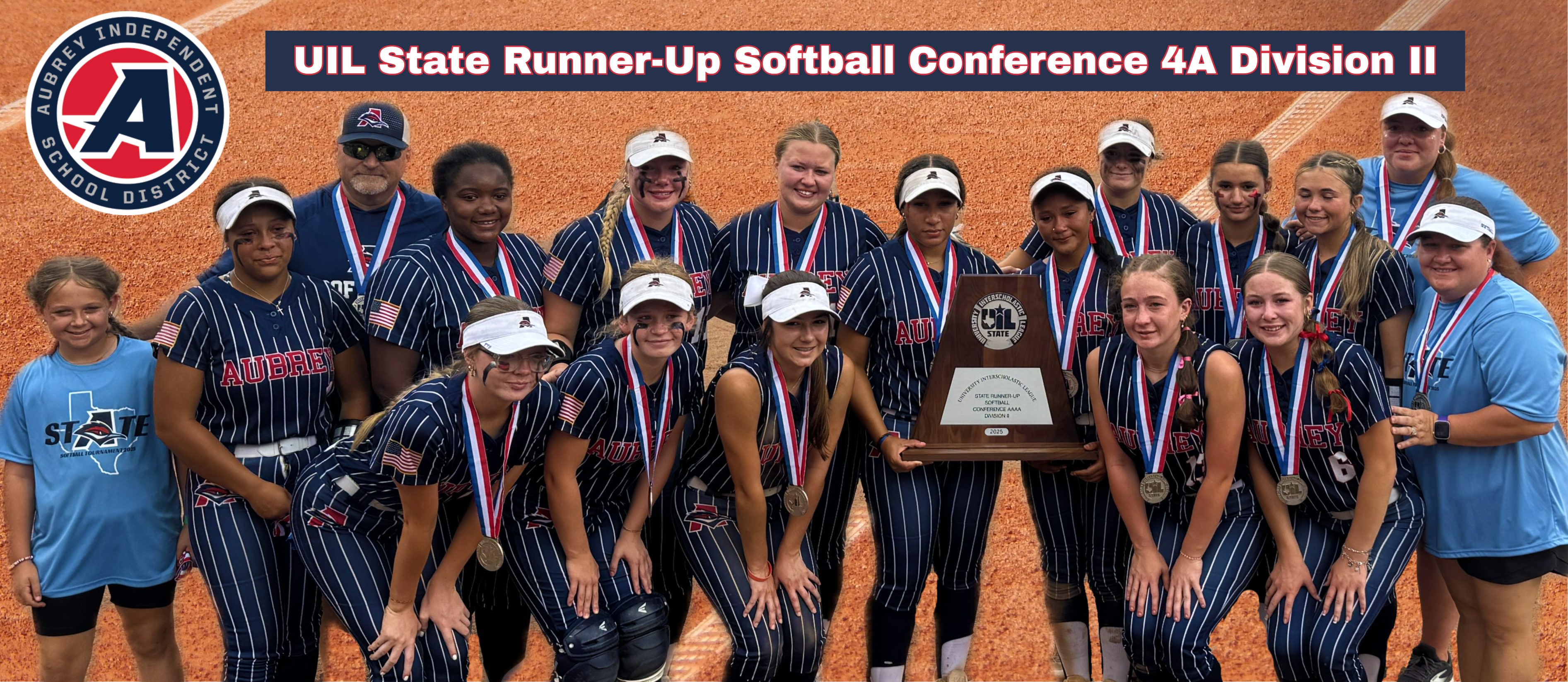Aubrey High School softball team holding UIL State Runner-Up trophy on graphic with district logo