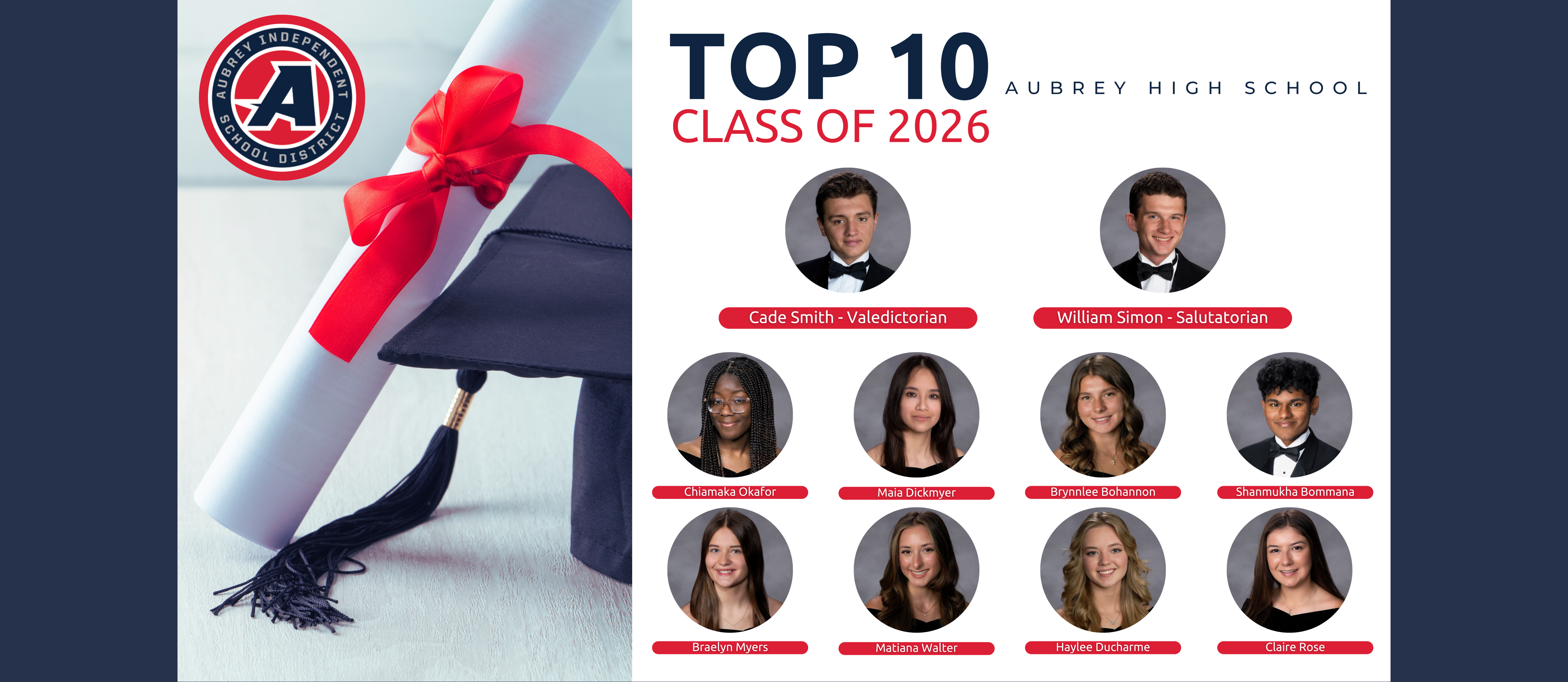 Aubrey High School Class of 2026 Top 10 Graduates photos on graphic with Aubrey ISD logo, graduation cap with tassel and rolled diploma
