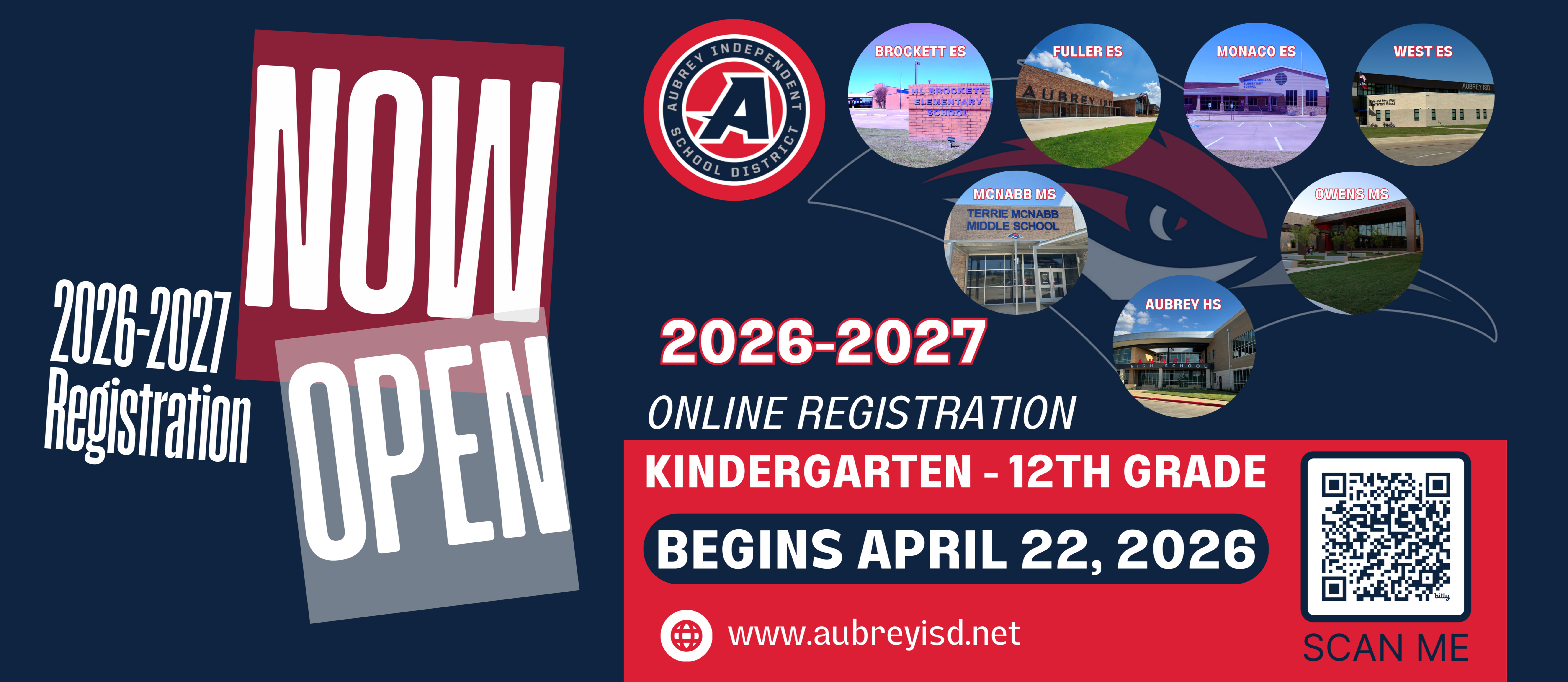 Graphic with campus exterior photos and district logo with text saying now open for online registration for 2026-2027 school year beginning April 22, 2026