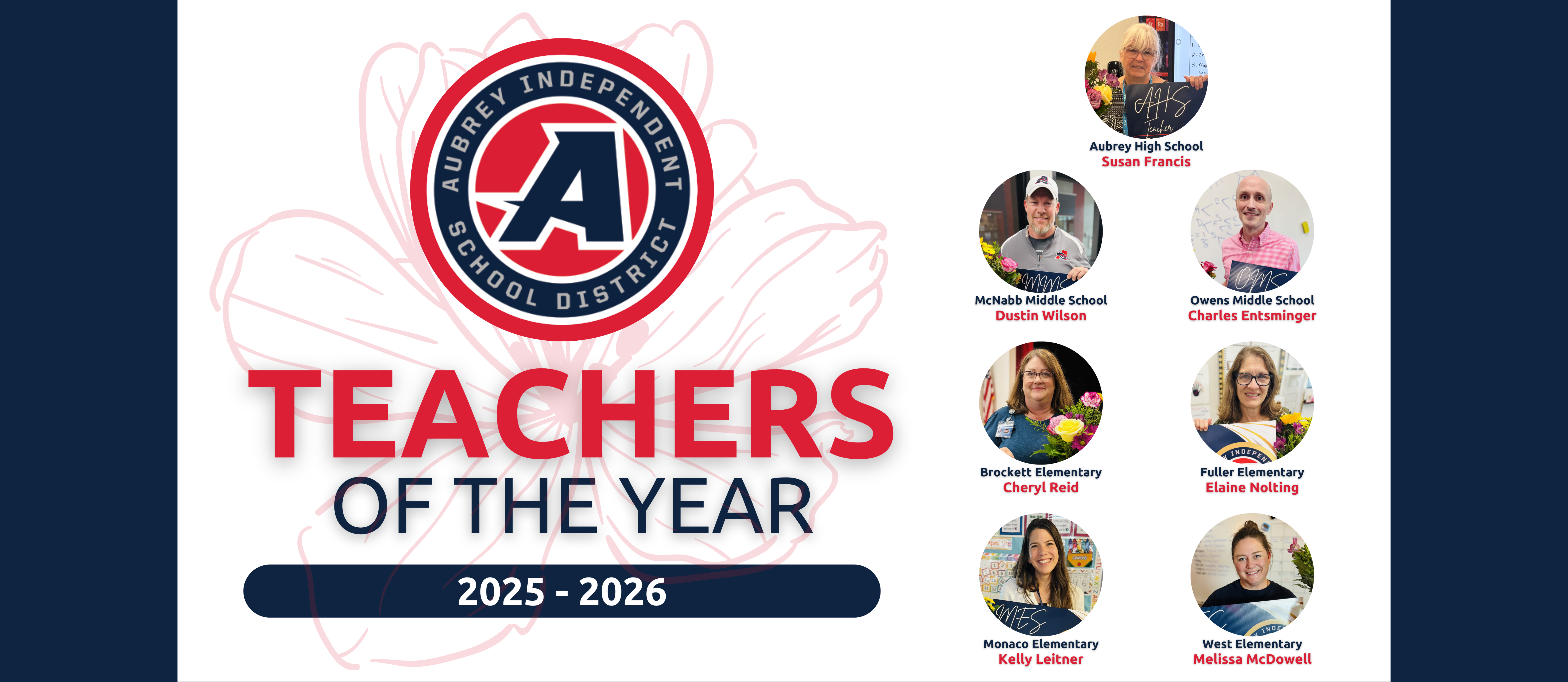 2025-2026 Teachers of the Year graphic with photos of campus honorees and district logo