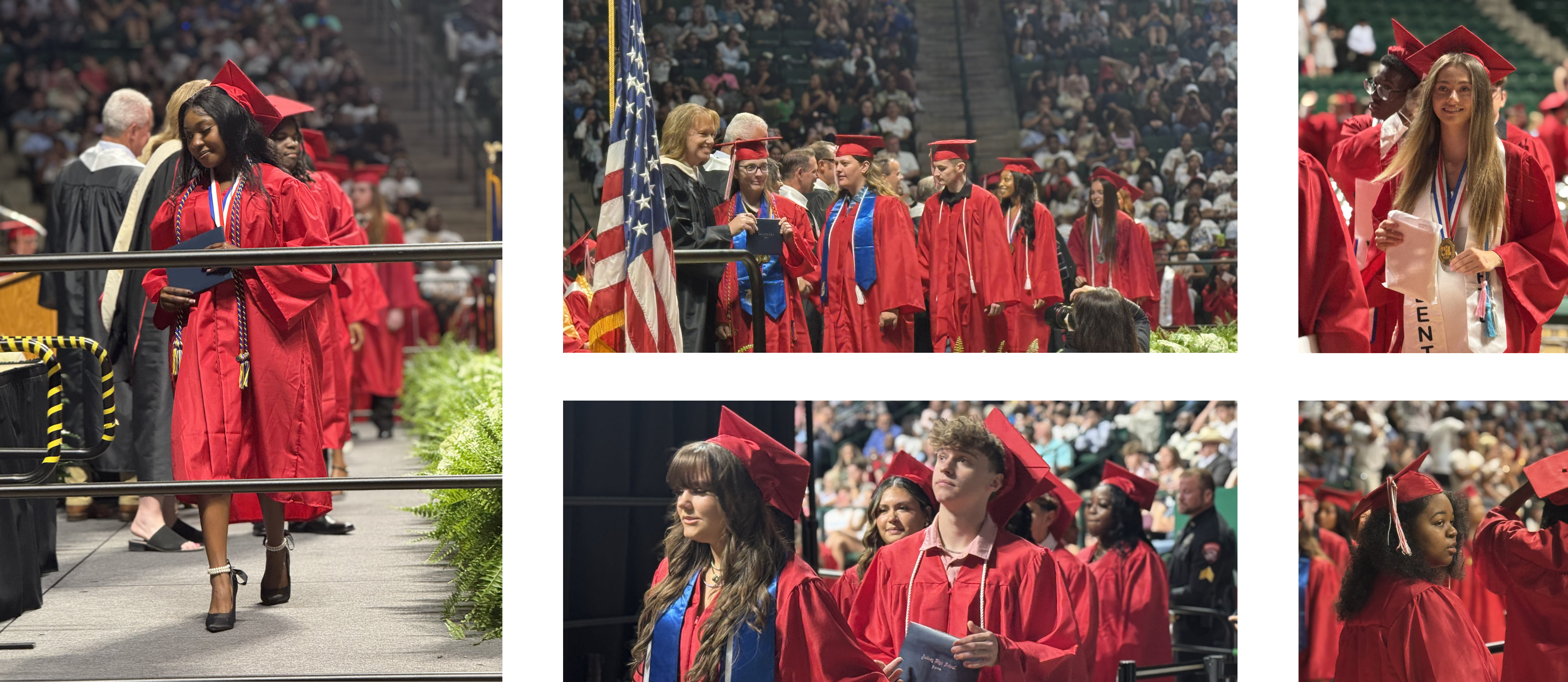 Collage of graduates in caps and gowns at graduation ceremony