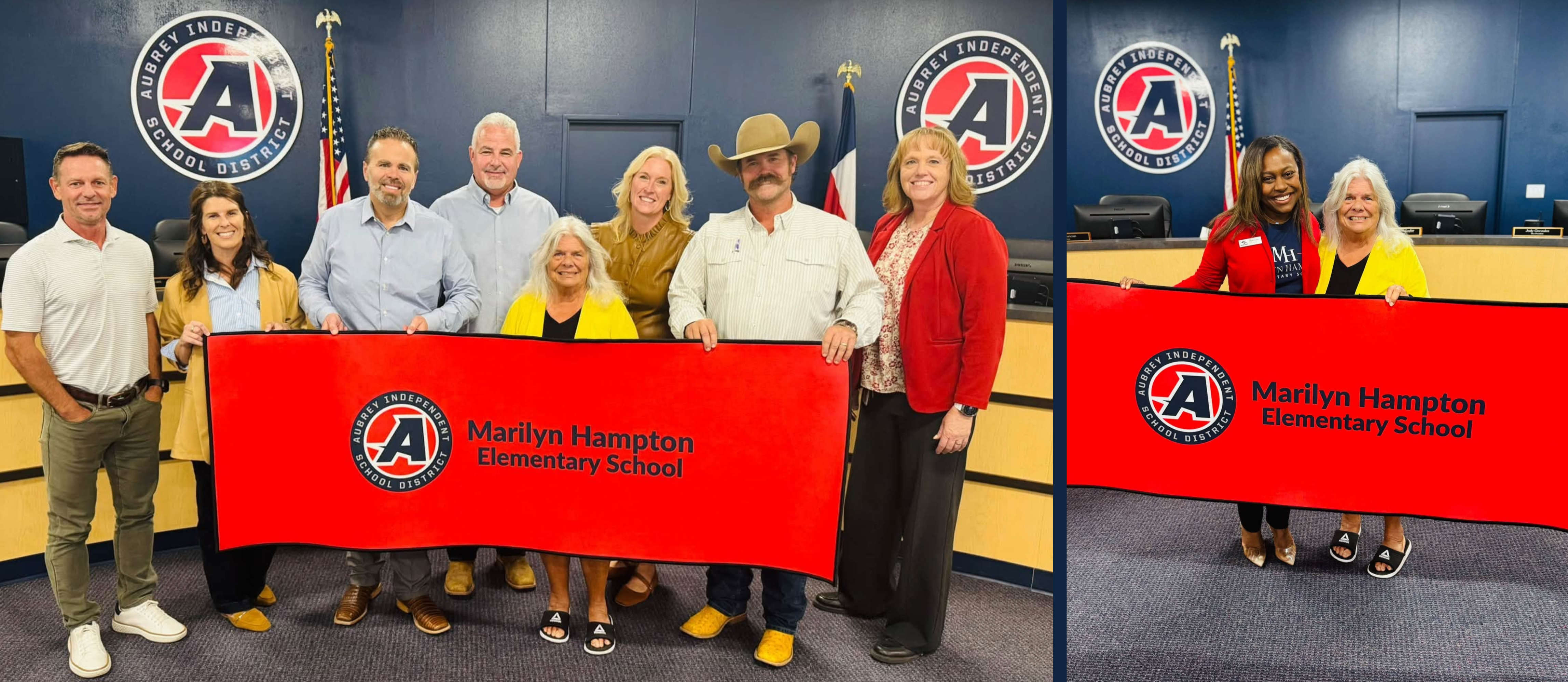 Collage of photos from Marilyn Hampton surprise campus naming during Oct. 21, 2026 board meeting of Hampton posing with board members and district leaders