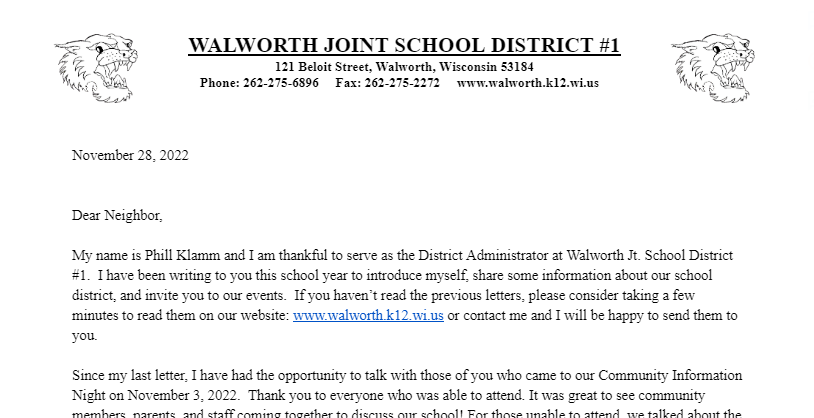 District Communication Letter November 28, 2022