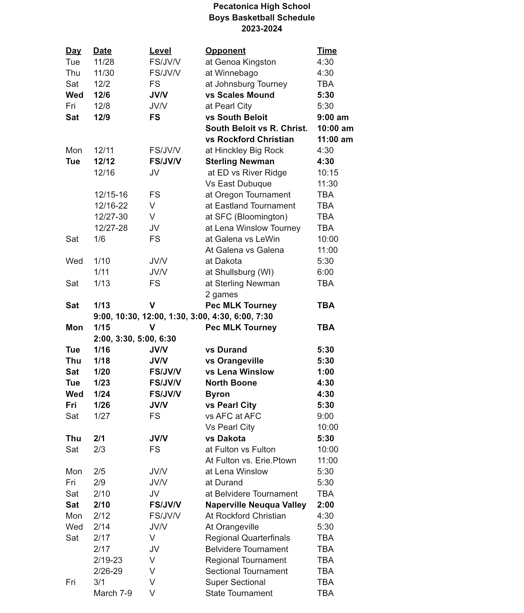 Basketball schedule 