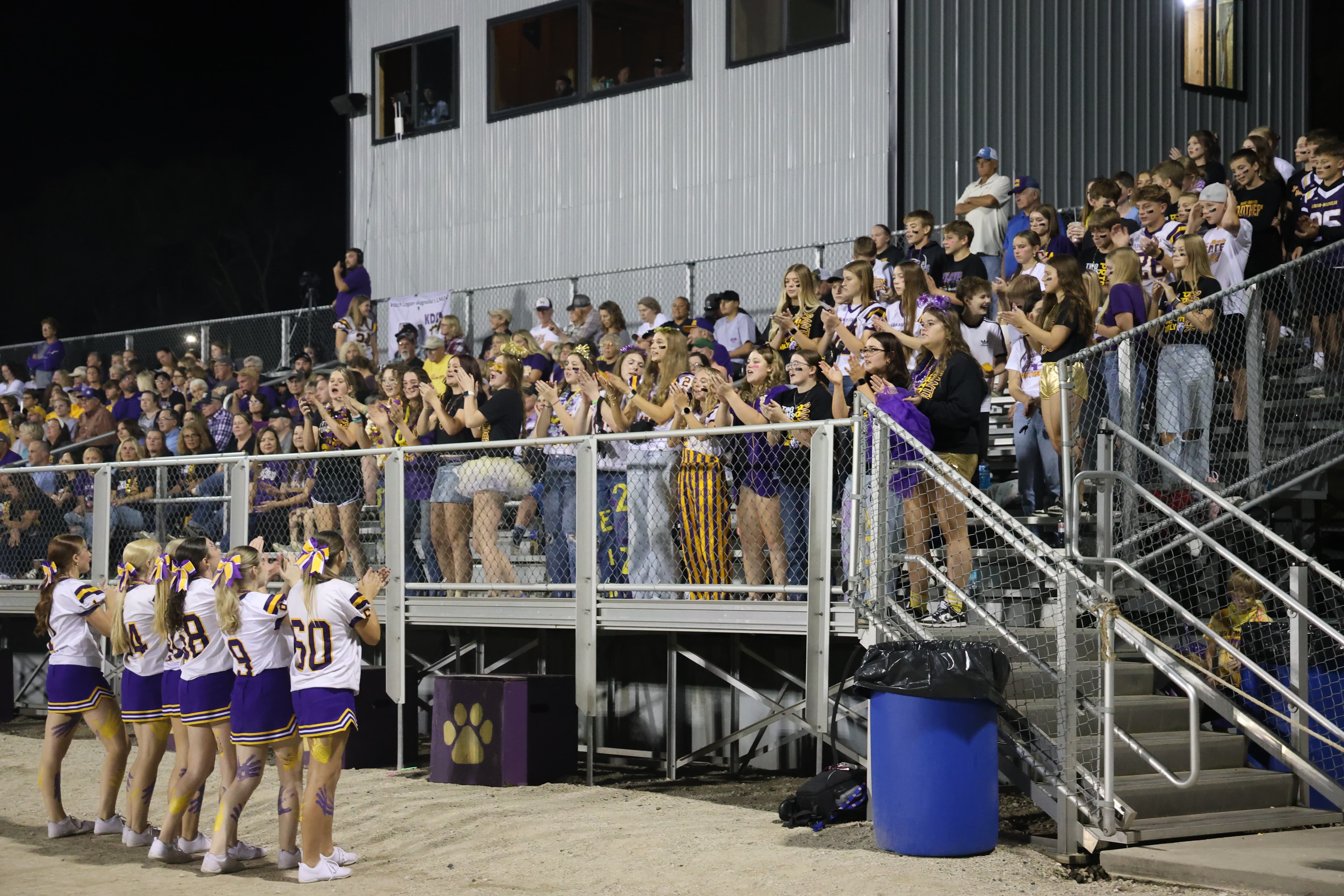 Cheerleaders and public on bleachers