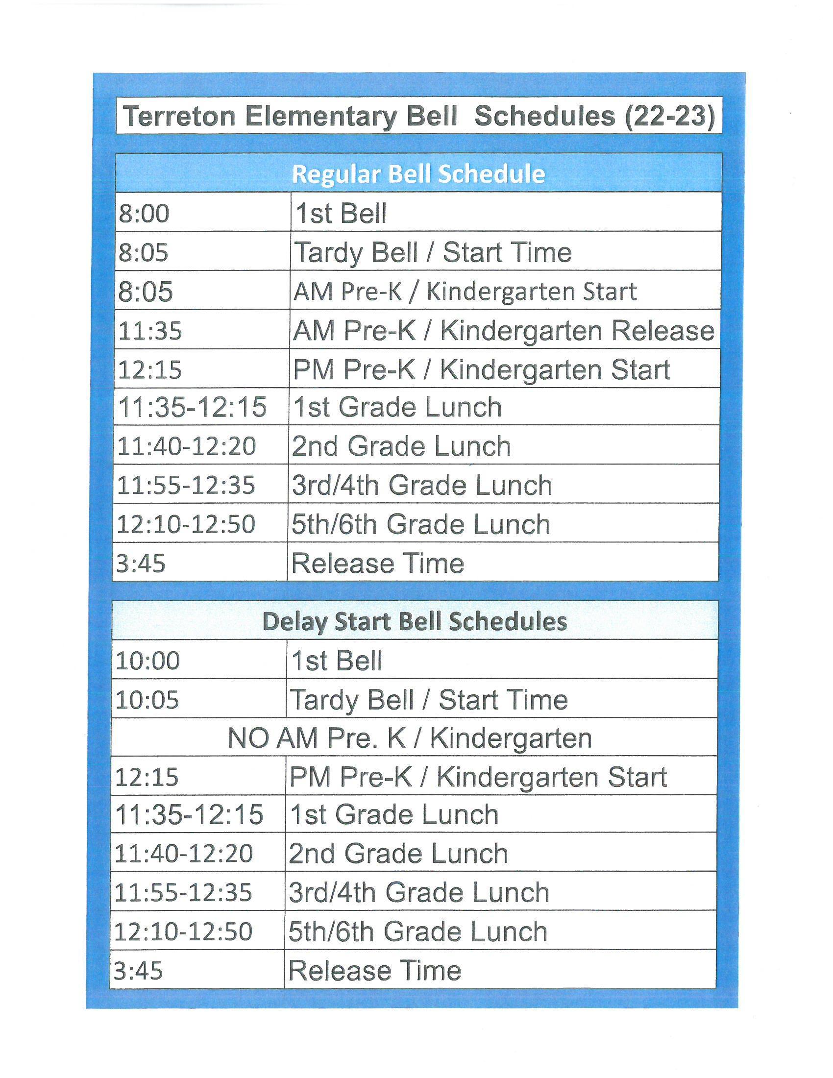 Bell Schedule 202223 Terreton Elementary School