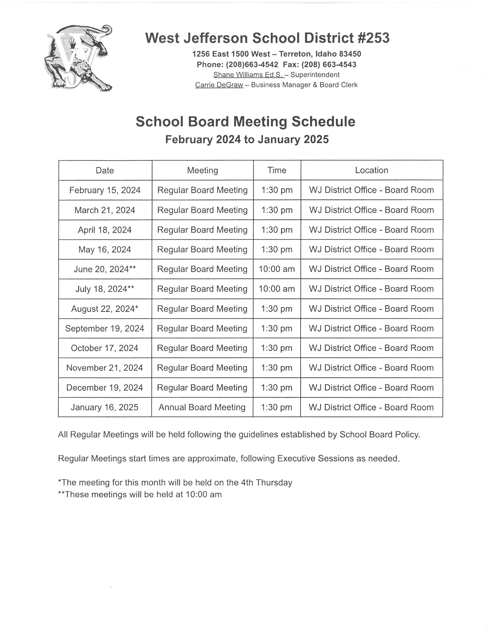 Board Meeting Schedule