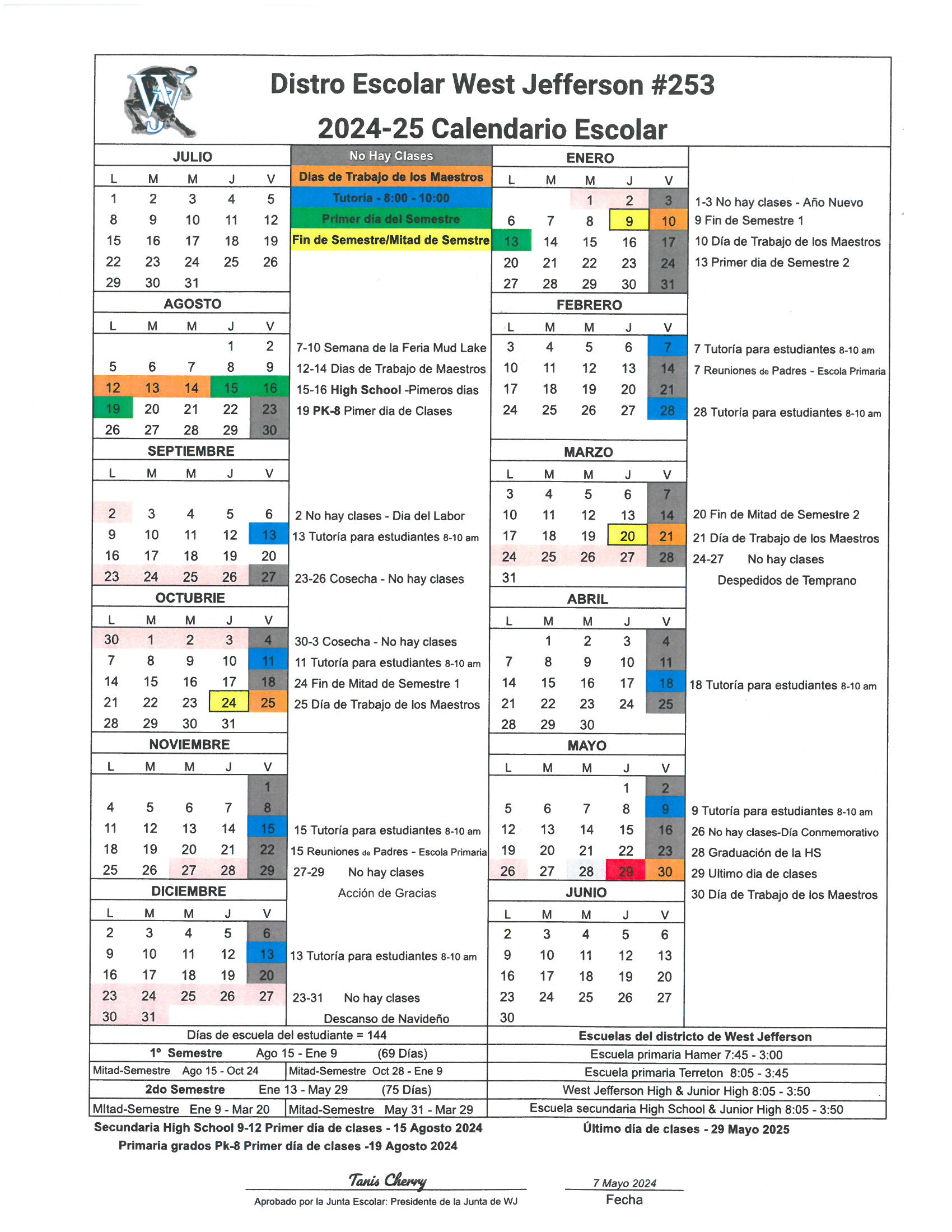 2024-25 District Calendar in Spanish