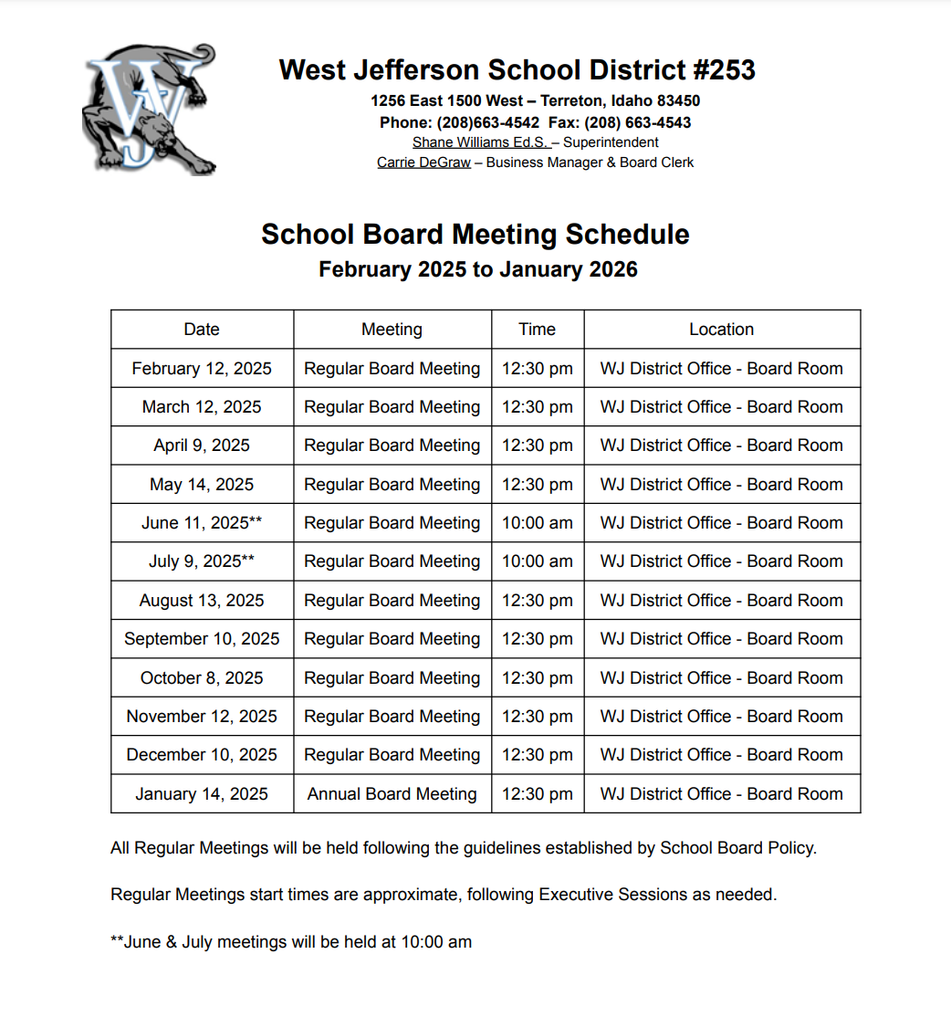 Board Meeting Schedule