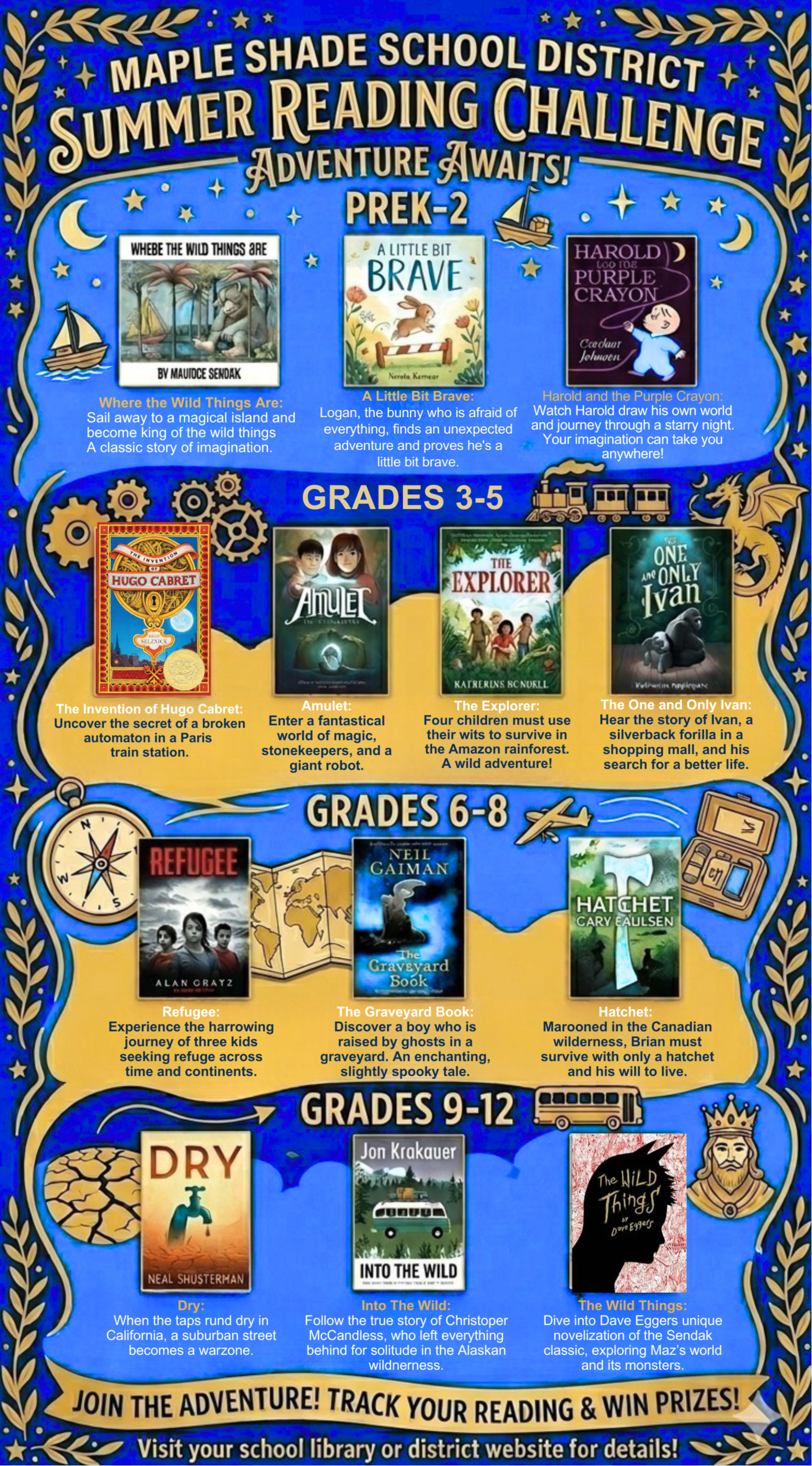 A poster for a summer reading challenge. It has a blue background with gold accents. Titles are divided by grade levels.