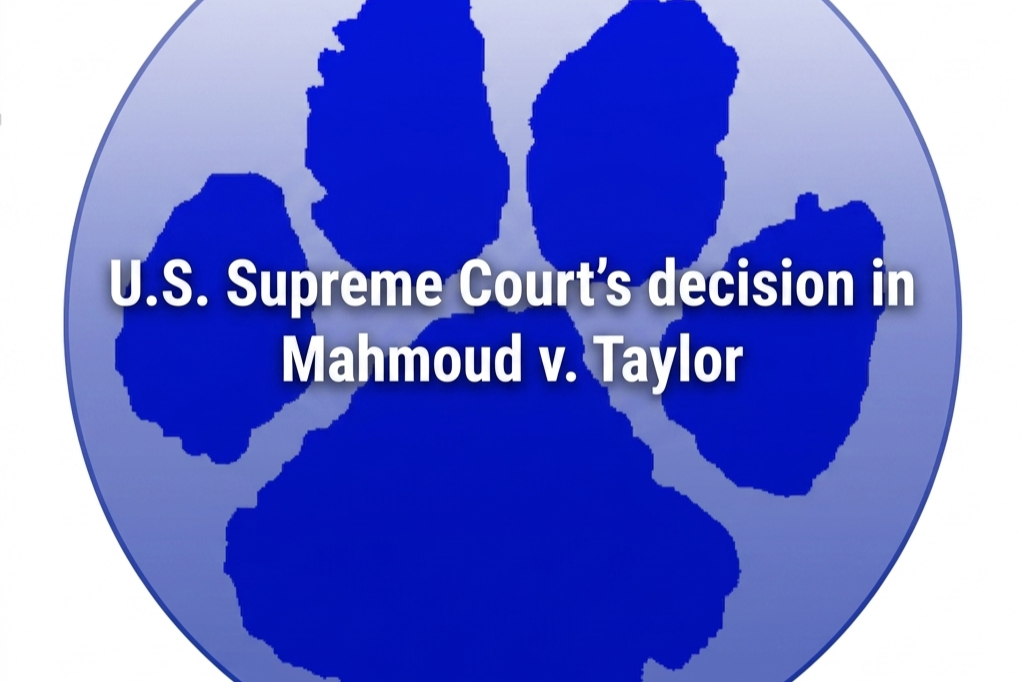 Logo with a blue paw print, text reads "U.S. Supreme Court's decision in Mahmoud v. Taylor".
