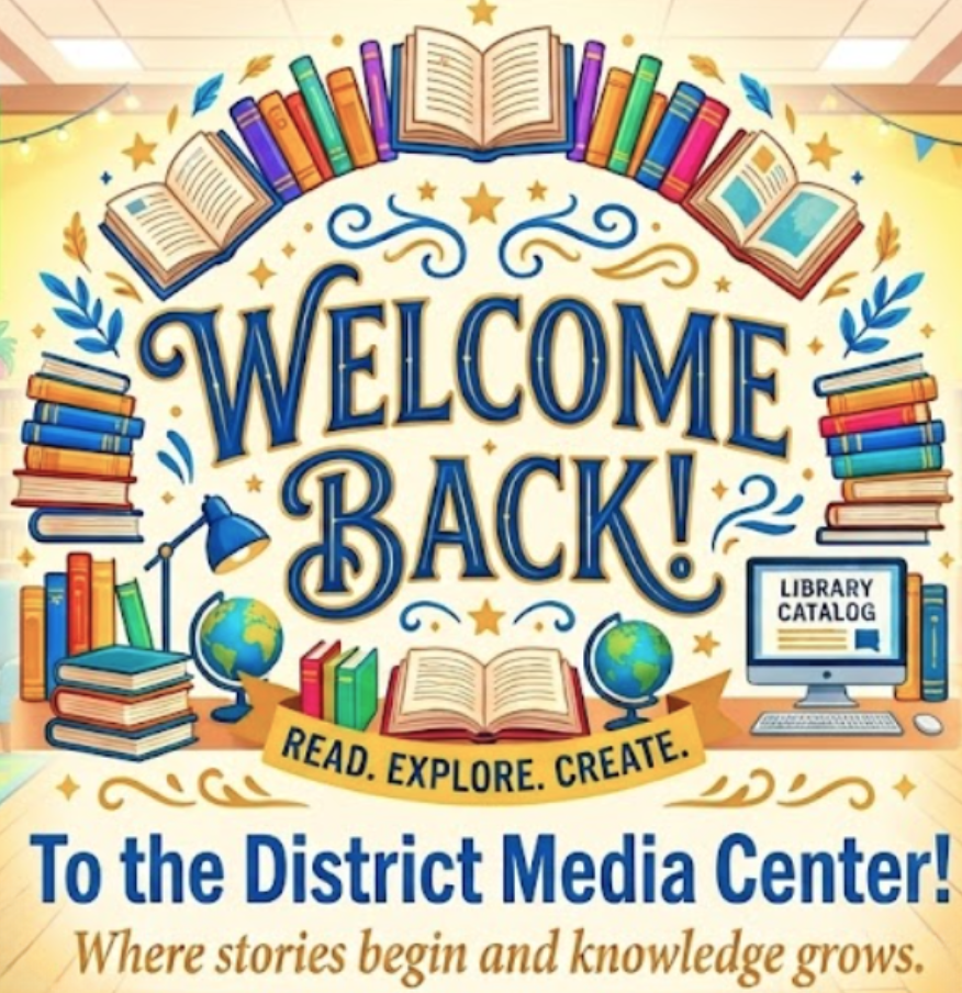 Display of books, globes, and a computer with a welcome banner reading "Welcome Back!" and "Read. Explore. Create."