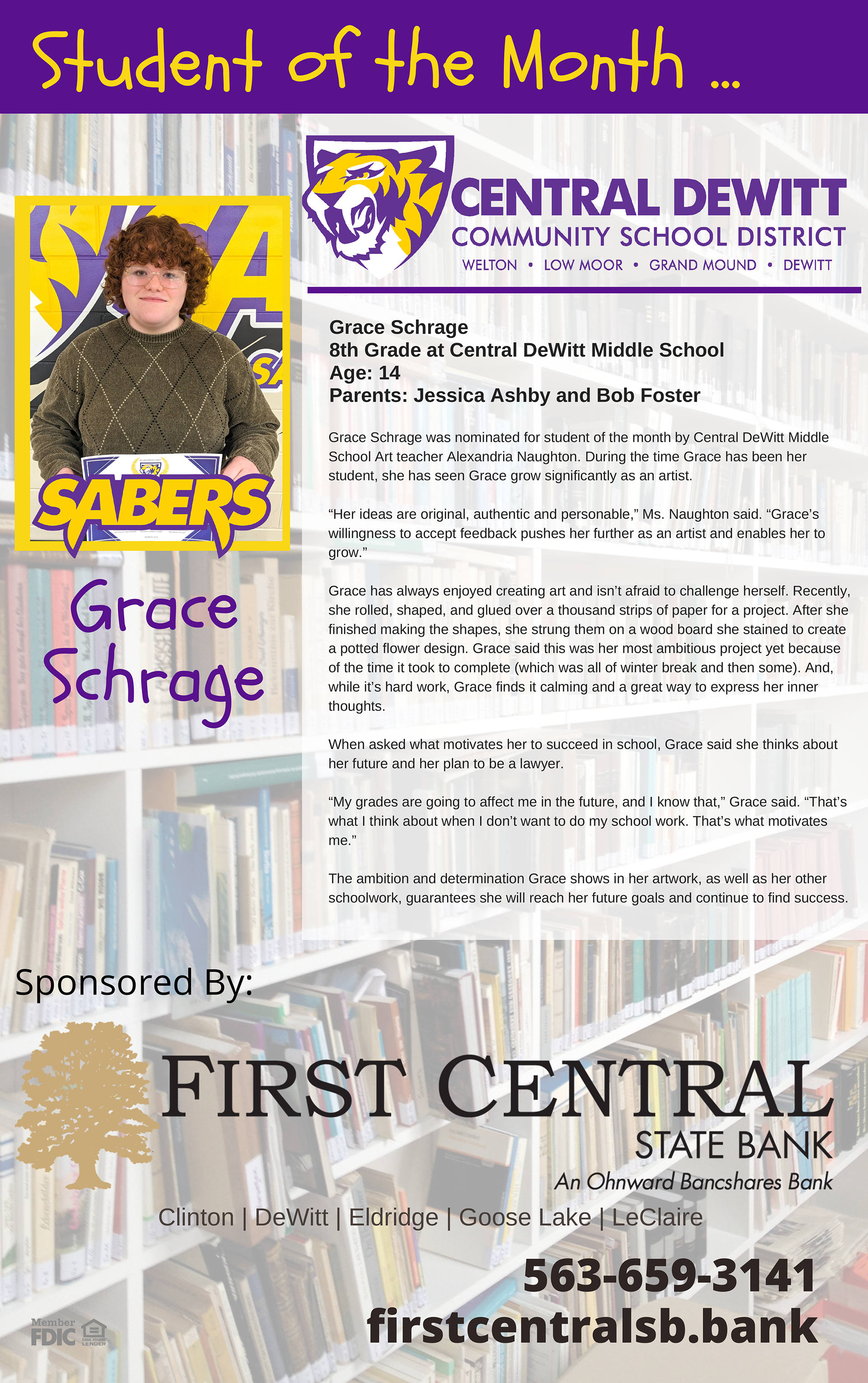 Grace Schrage is March 2023 CDCSD Student of the month