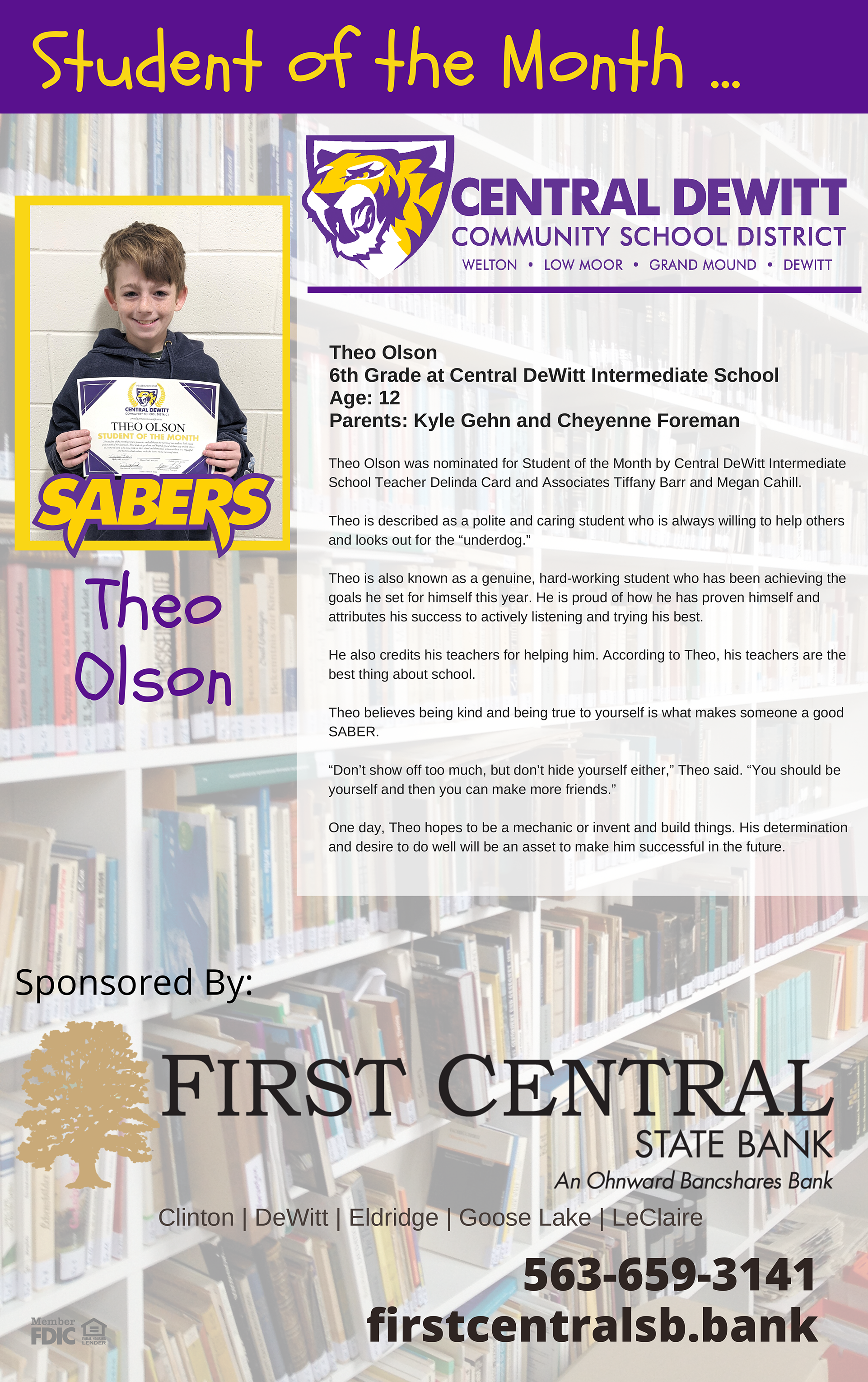 NOVEMBER 2023 DISTRICT STUDENT OF THE MONTH THEO OLSON