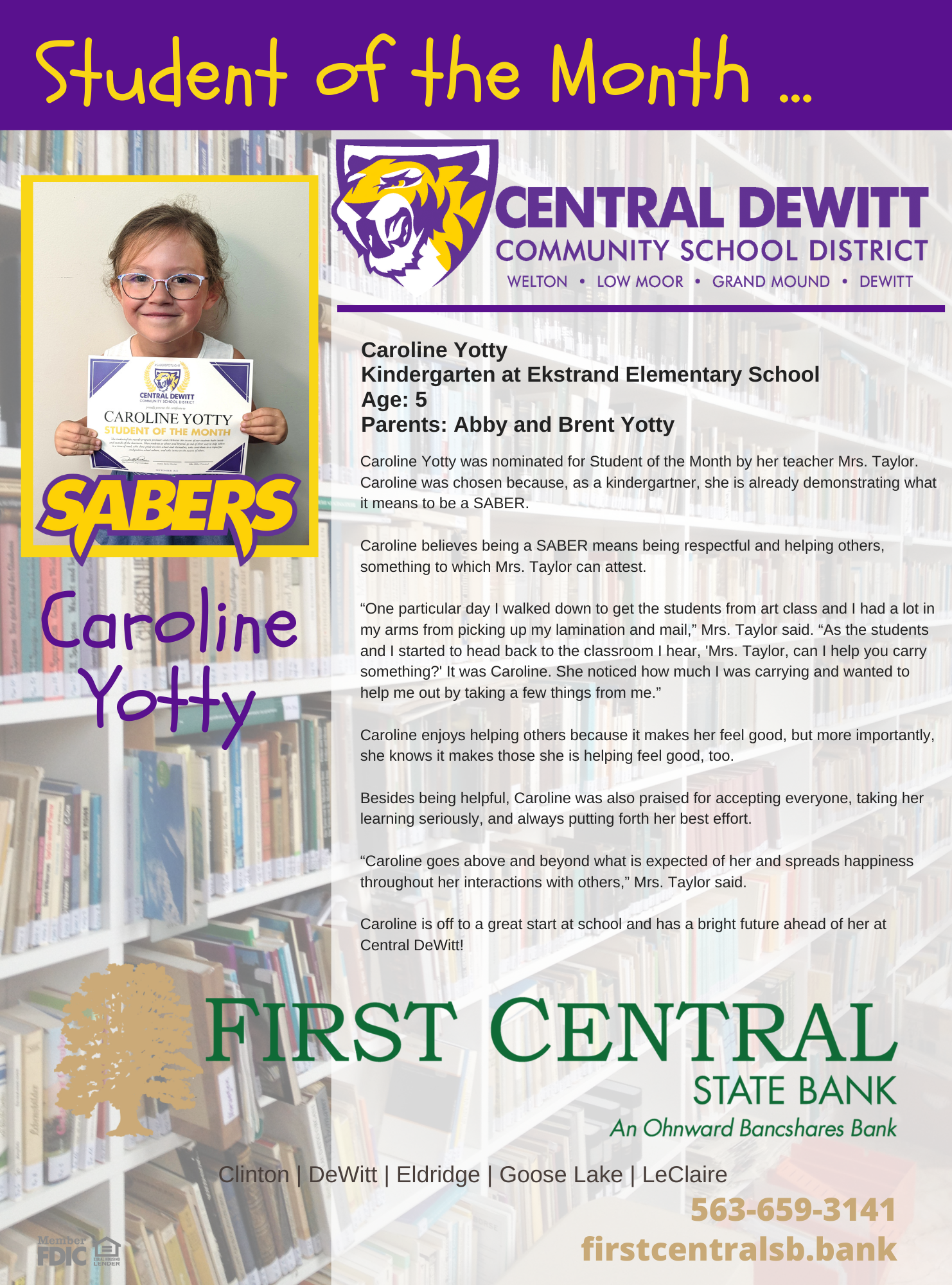 SEPTEMBER 2023 DISTRICT STUDENT OF THE MONTH CAROLINE YOTTY