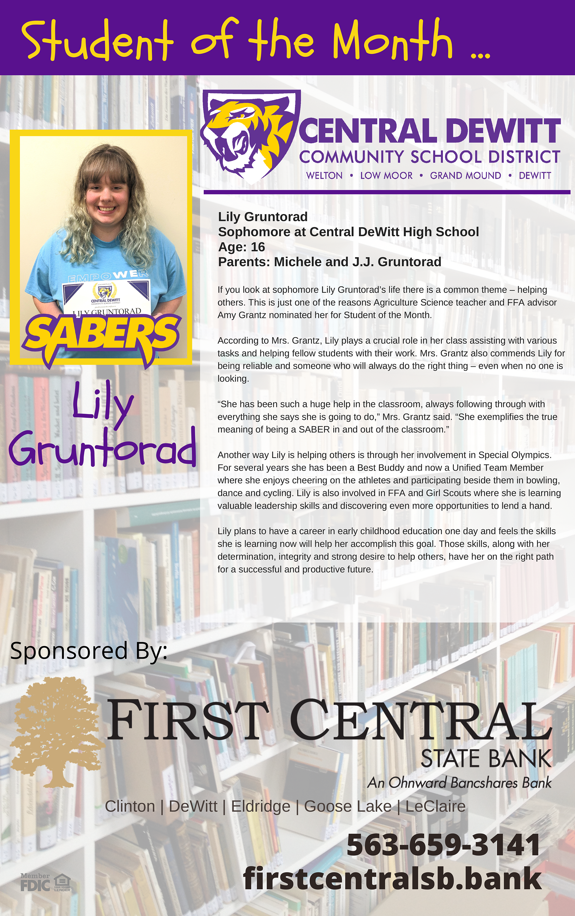 April 2023 District Student of the Month Lily Gruntorad