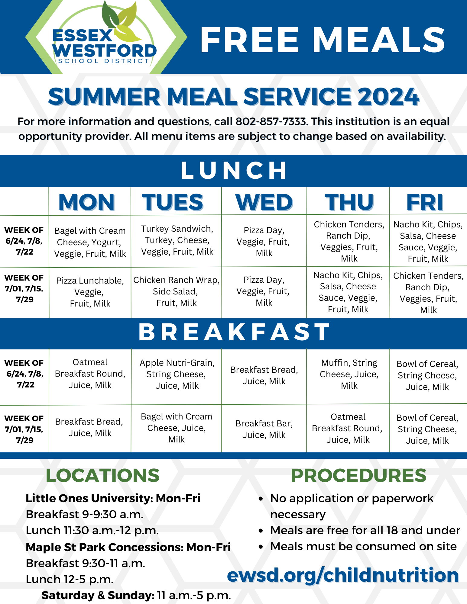 2024 EWSD Summer Meals Menu