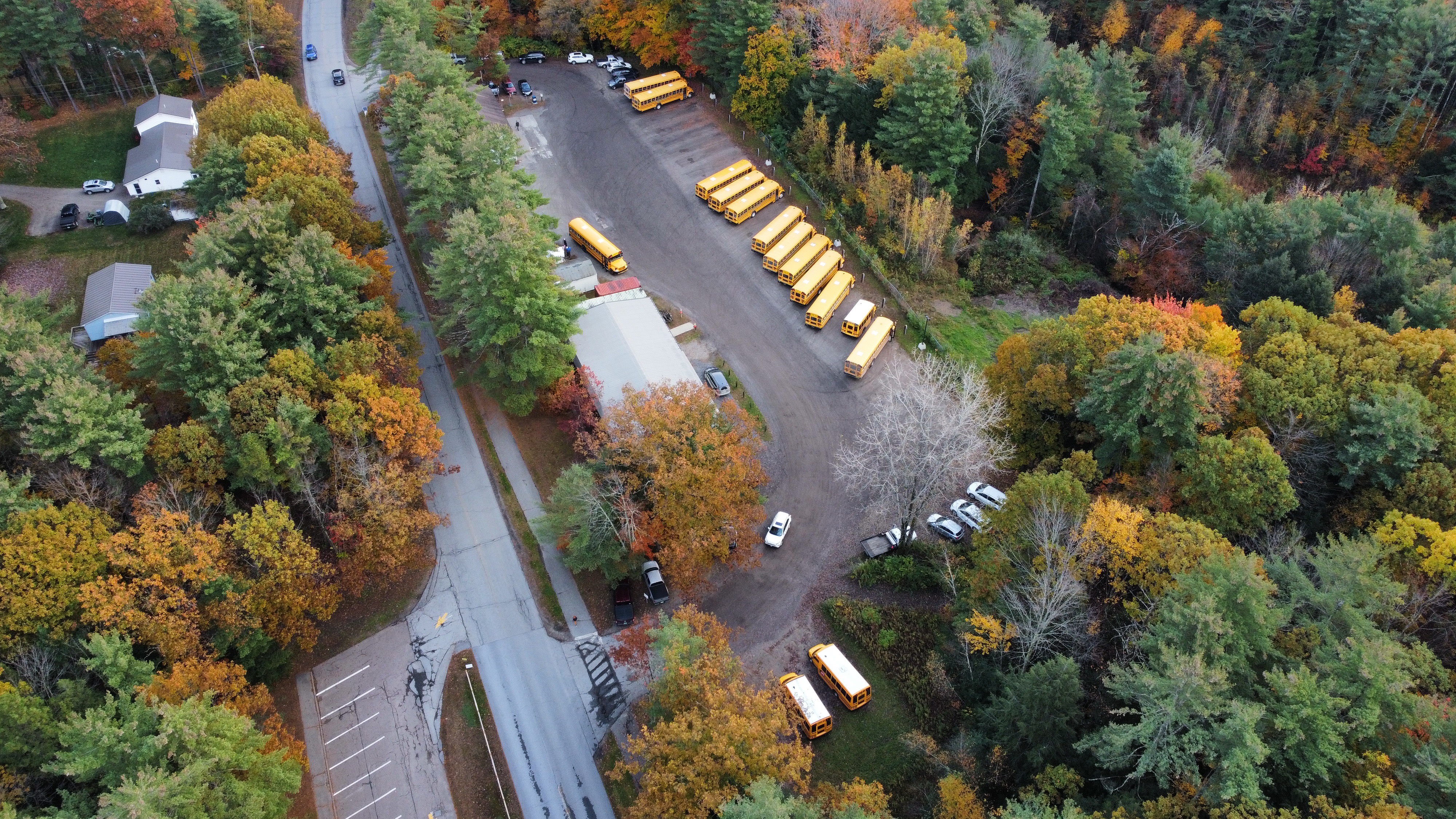 Buses lined up at the bus garage