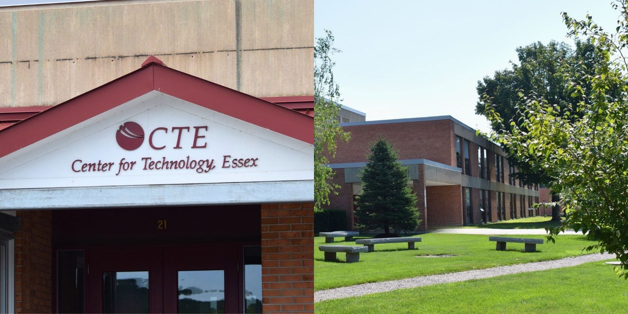 Two images show a building with a red roof and white trim, labeled 'CTE Center for Technology'. The other image shows a building with benches and trees.